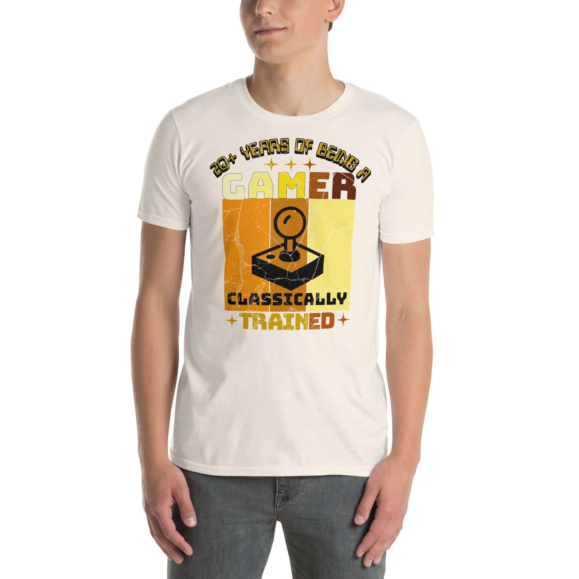 Classically Trained Gamer T-Shirt with Retro Controller Design showcasing 20+ years of gaming expertise in white.