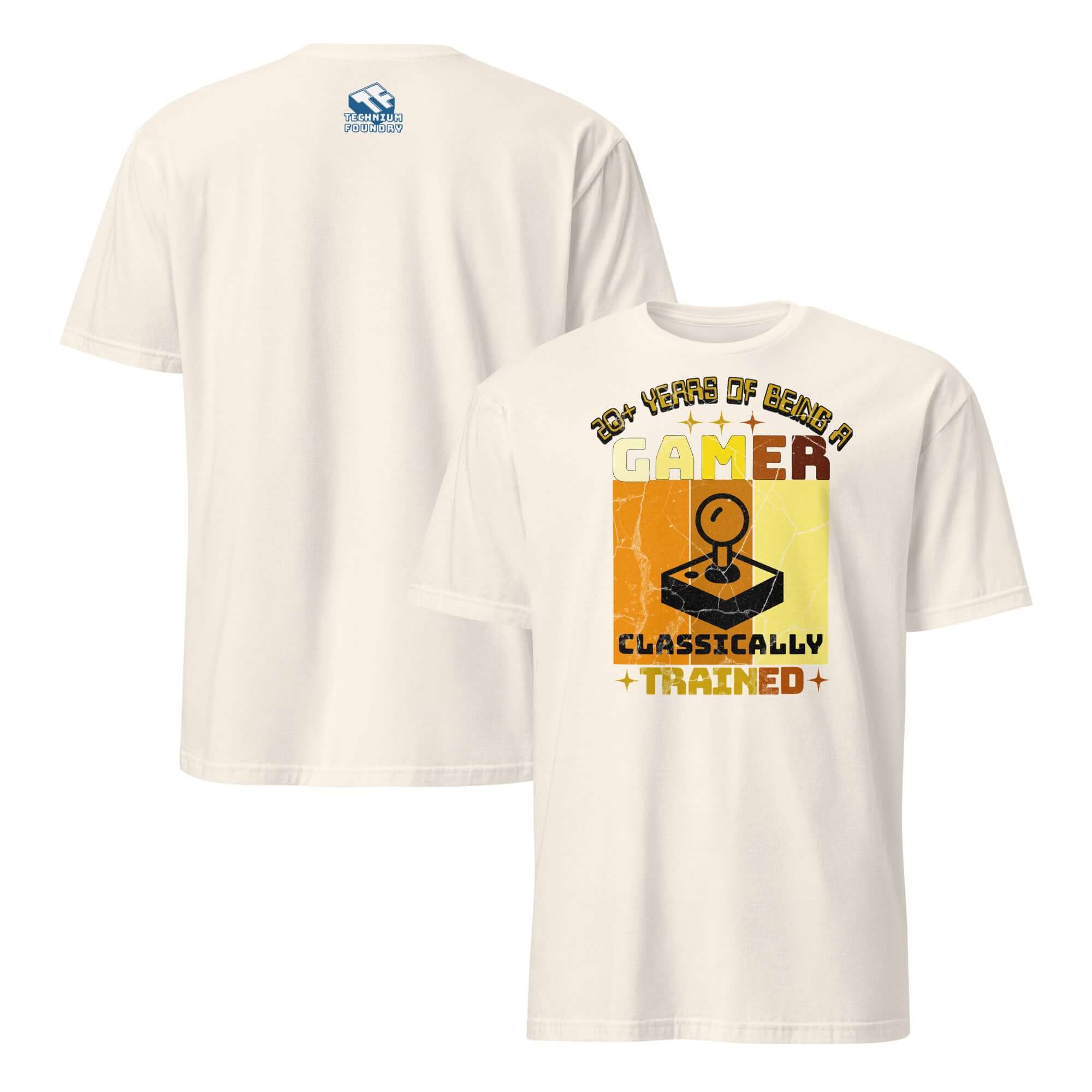 Retro Controller Design T-Shirt for Gamers, 20+ Years of Gaming, Classically Trained Badge, White Tee with Vintage Graphics.