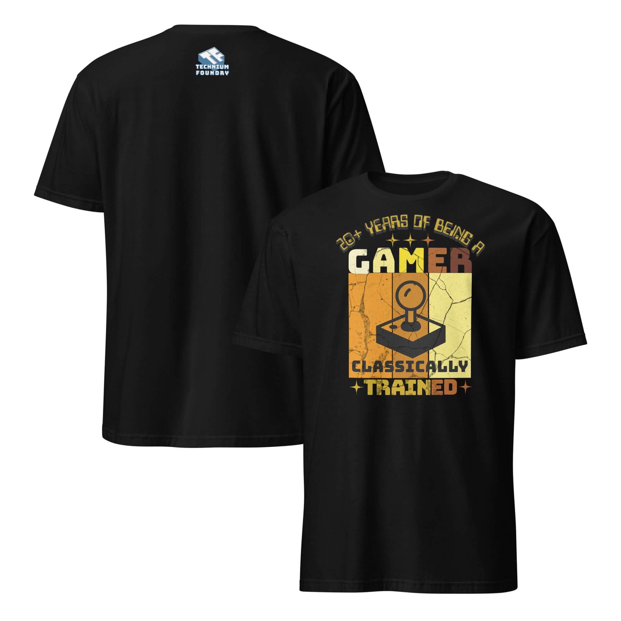 Classically Trained Gamer T-Shirt with Retro Controller Design, showcasing 20+ years of gaming expertise in a stylish black tee.