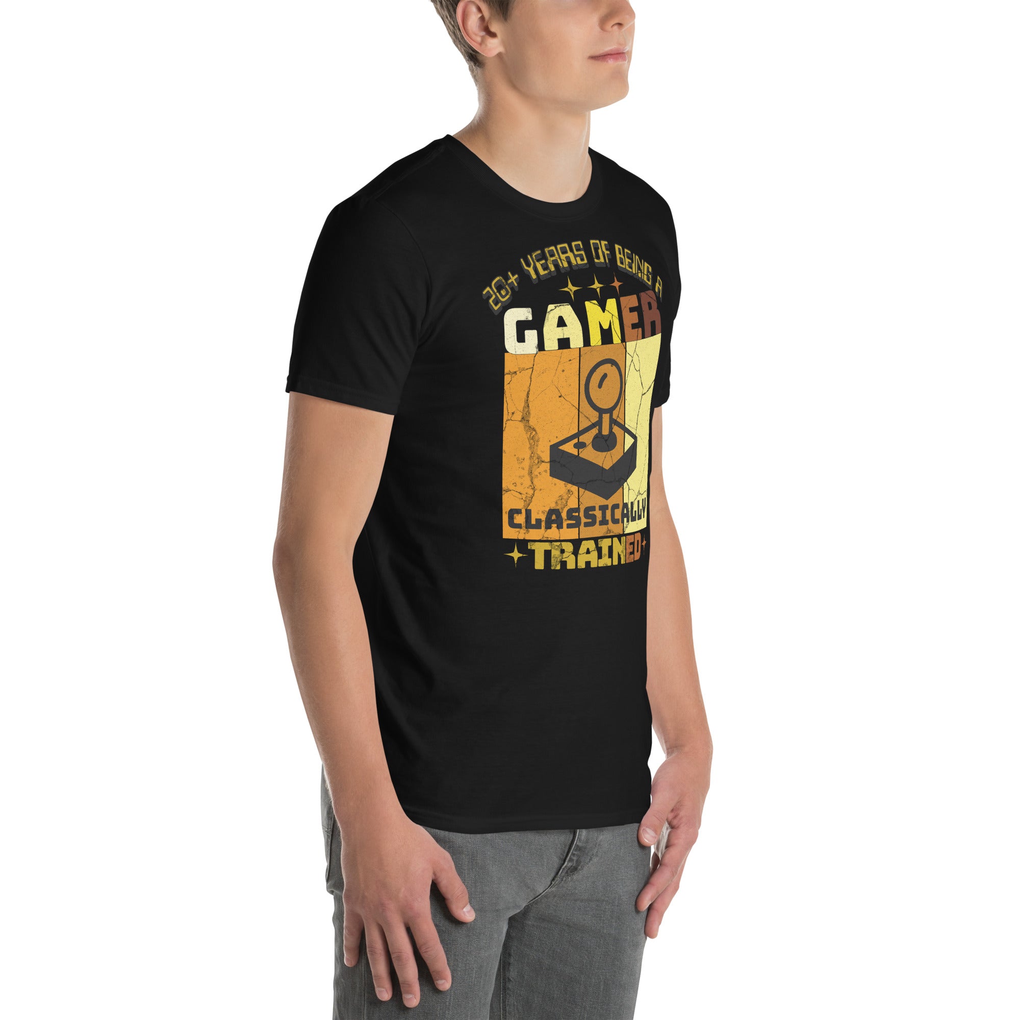 Classically Trained Gamer T-Shirt with Retro Controller Design worn by model, highlighting gaming as behavioral conditioning.
