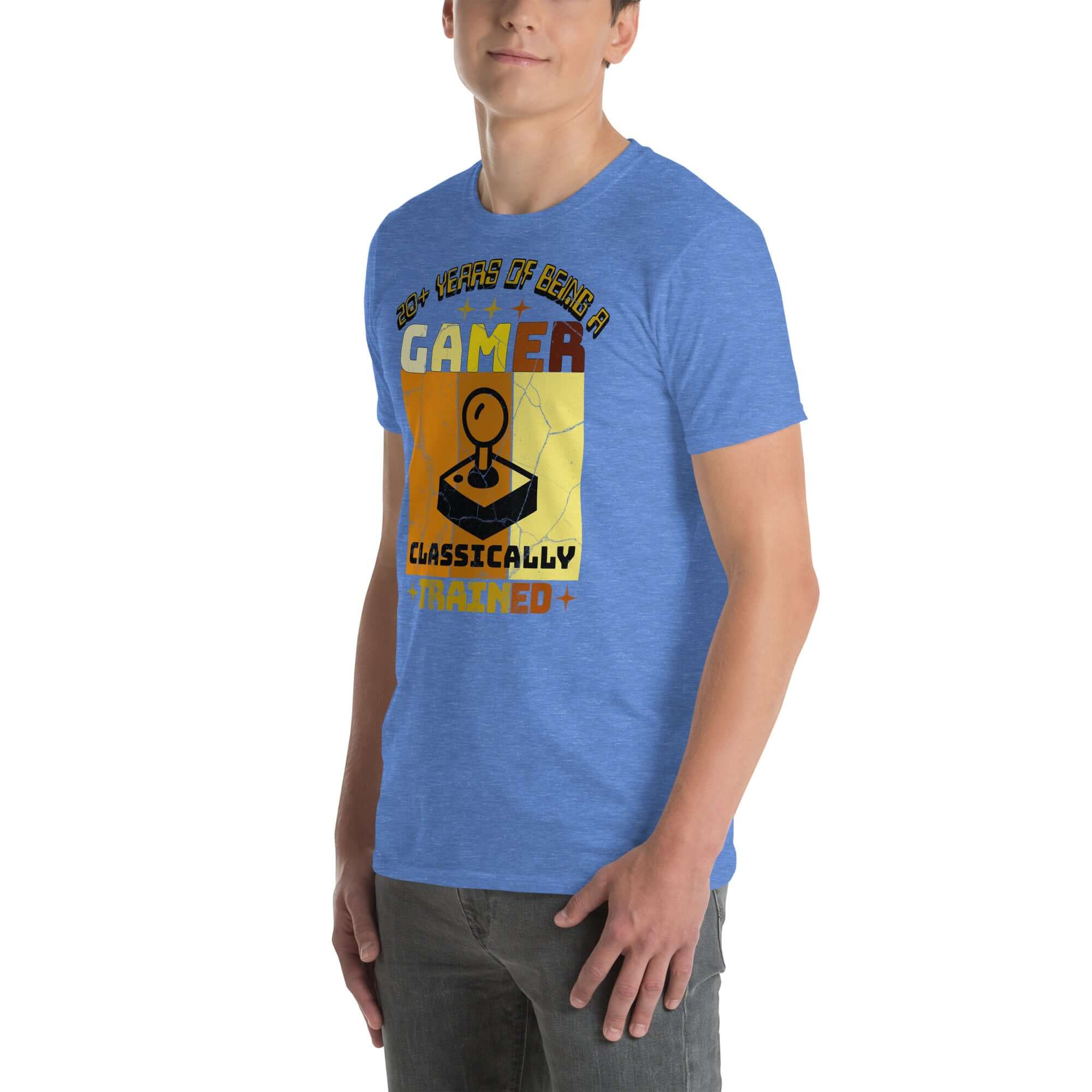 Blue Classically Trained Gamer T-Shirt with retro controller design, highlighting 20+ years of gaming experience, worn by model.