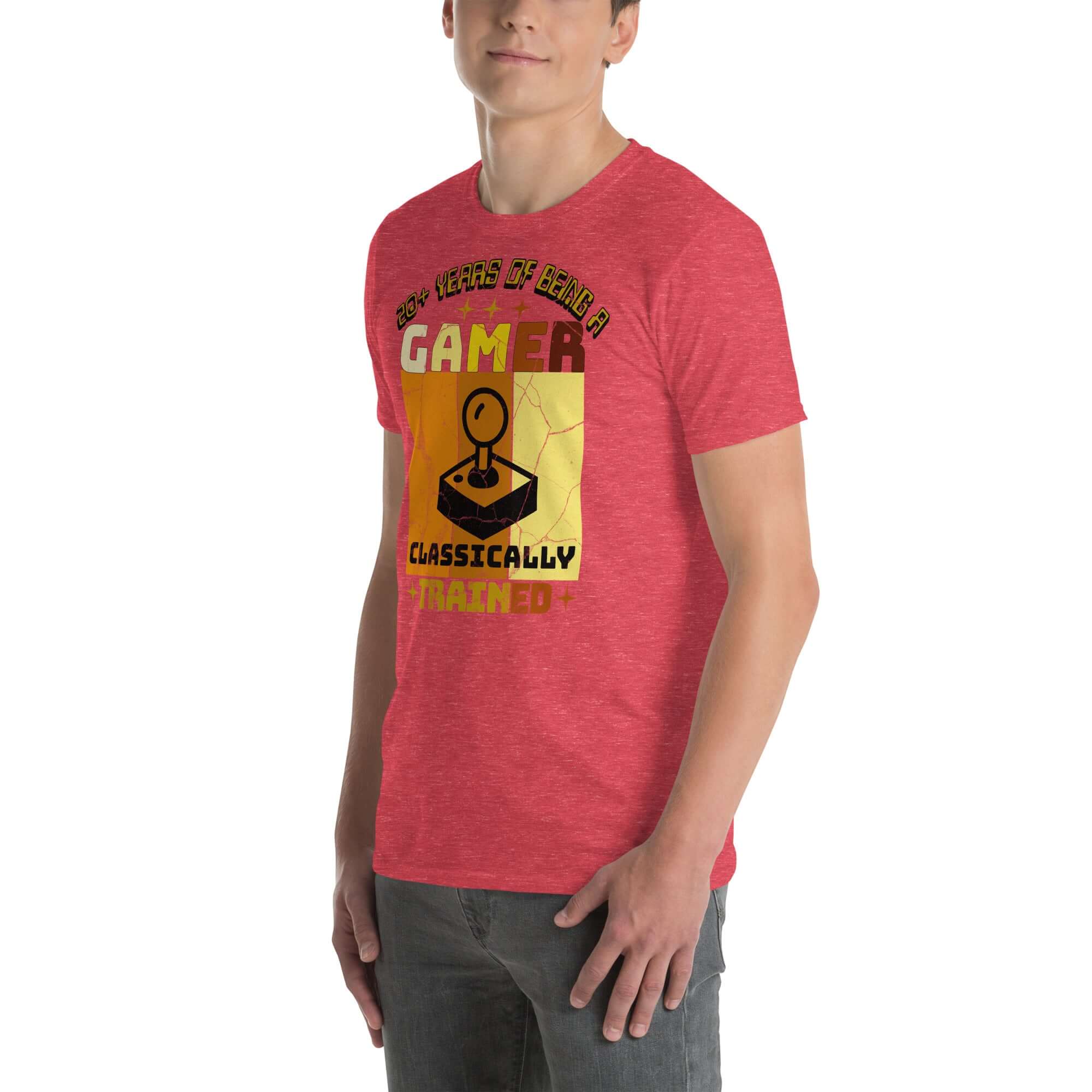 Classically Trained Gamer T-Shirt with Retro Controller Design, red color, worn by person. Perfect for gaming enthusiasts.
