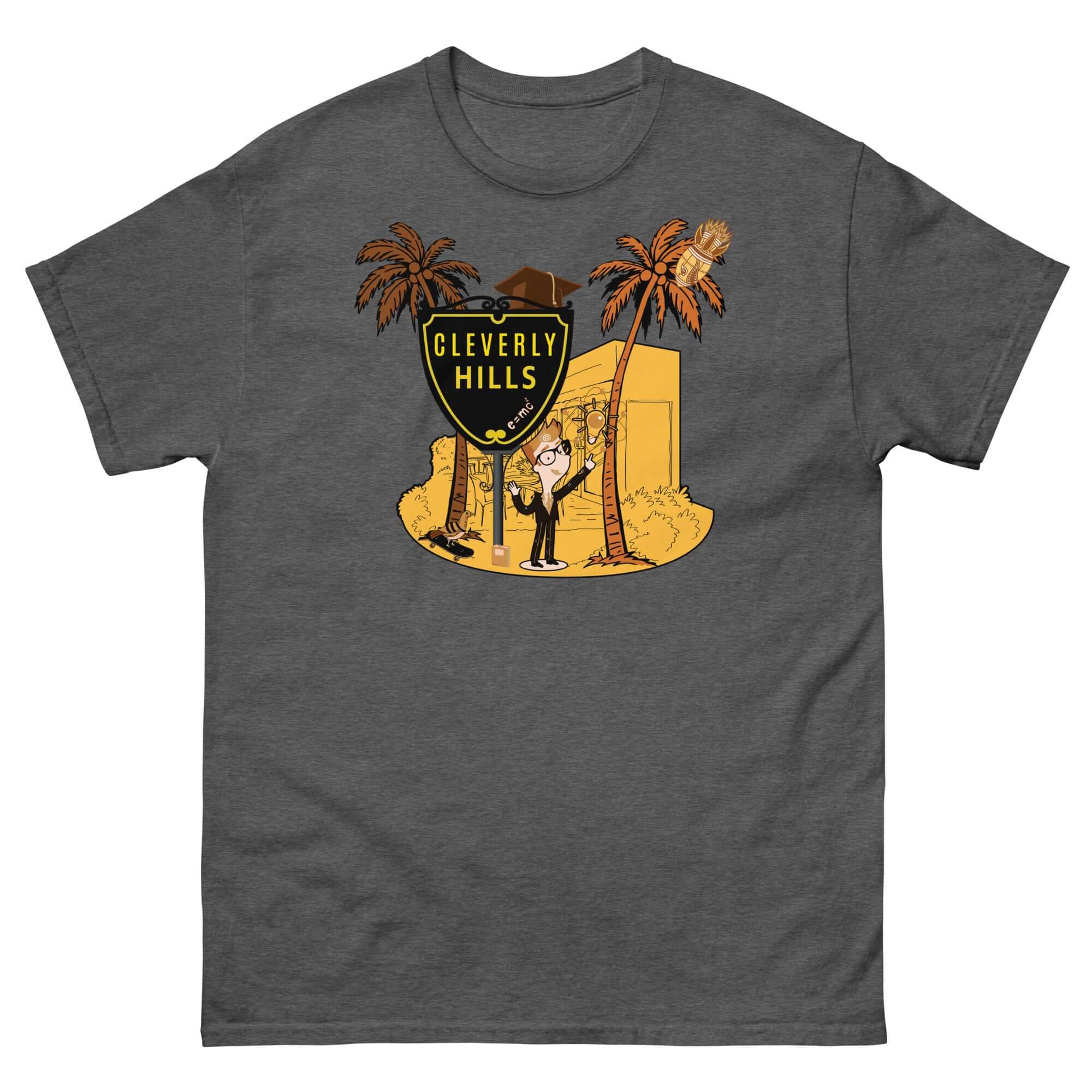 Cleverly Hills E=mc² T-Shirt with science parody design, featuring Einstein and Beverly Hills shield, perfect for intellectual humor.