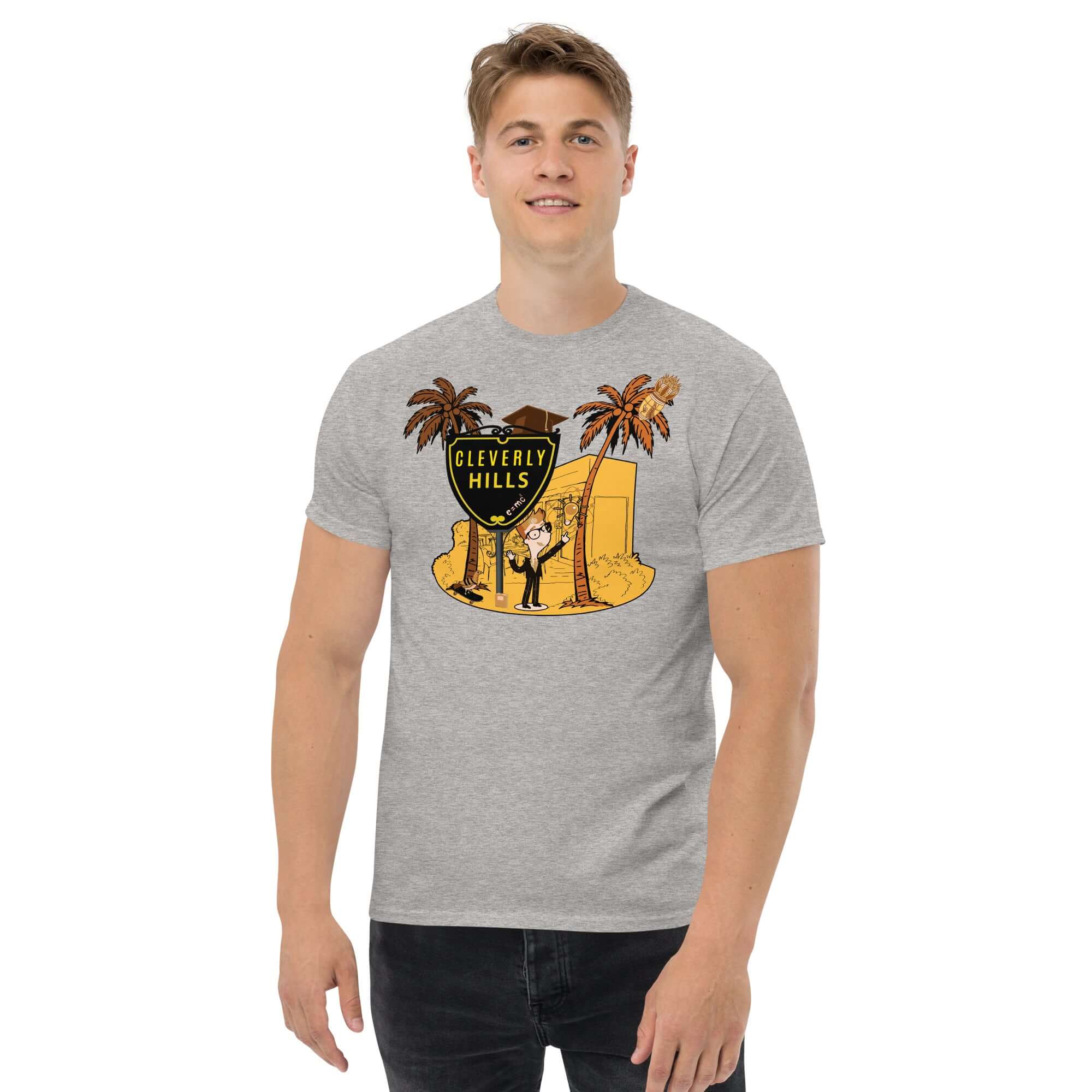 Cleverly Hills E=mc² T-Shirt featuring a science parody theme and Beverly Hills design worn by a model.