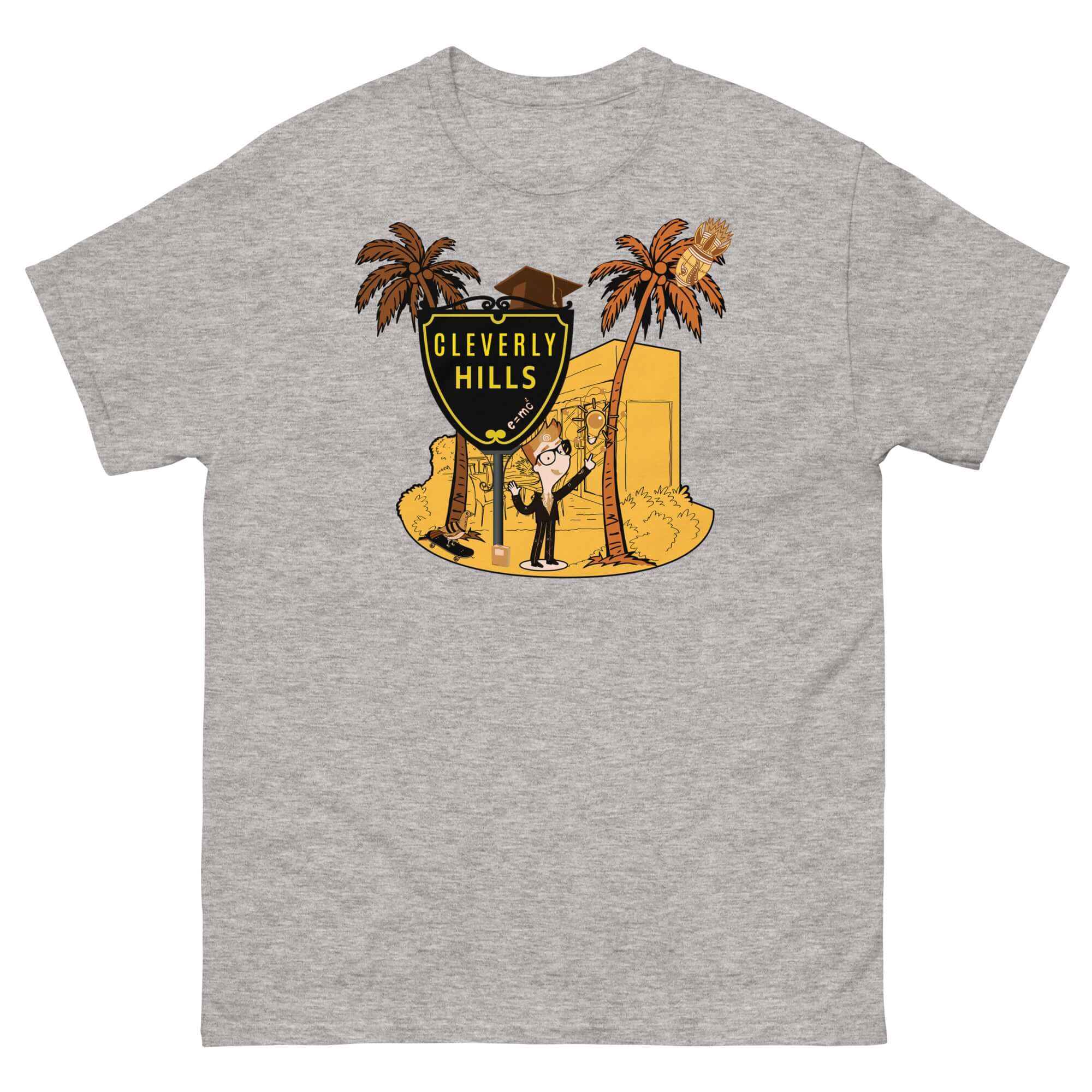 Cleverly Hills E=mc² T-Shirt with Beverly Hills science parody design featuring a beach community and Einstein imagery.