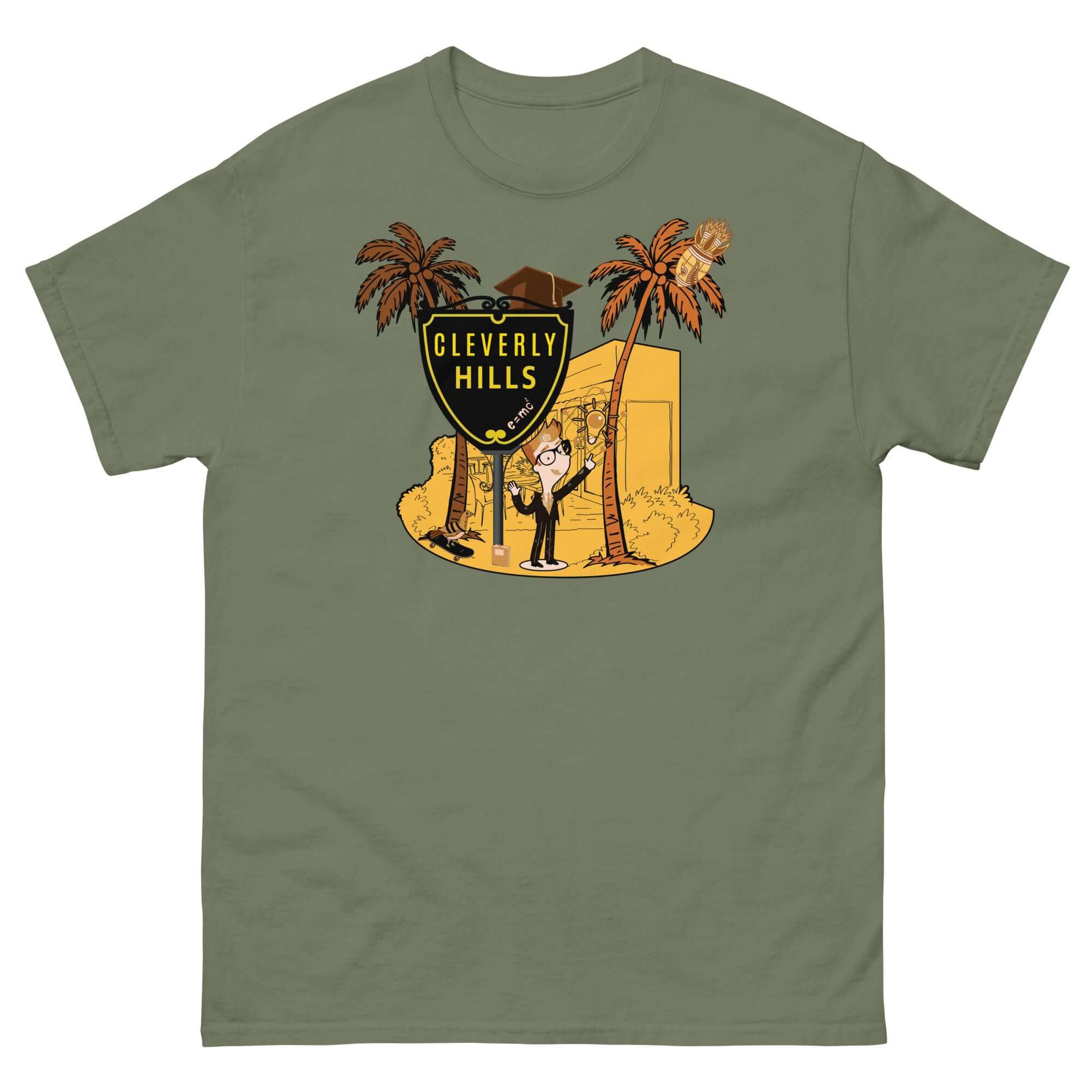 Cleverly Hills E=mc² t-shirt featuring Einstein and a Beverly Hills parody sign with palm trees, blending science and pop culture.