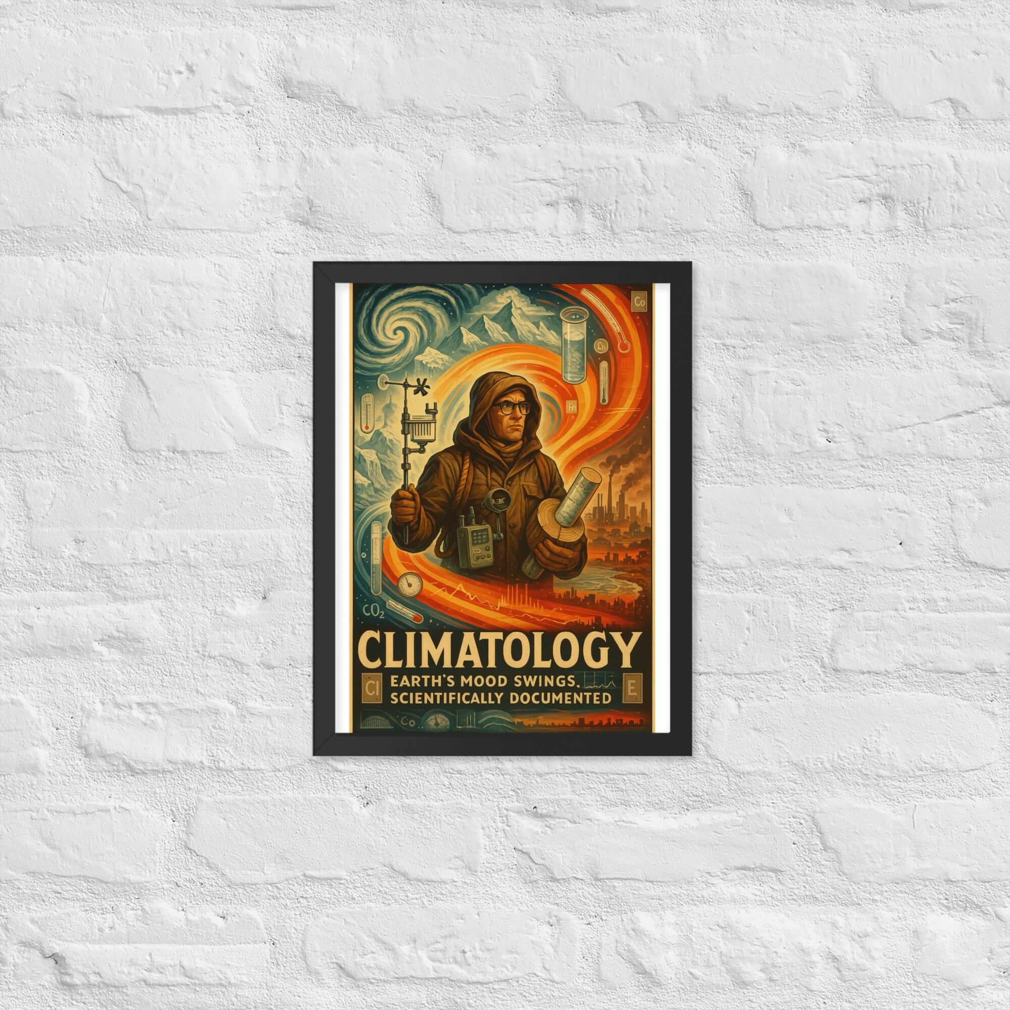 Vintage climatology poster titled 'Earth's Mood Swings: Scientifically Documented' depicting a researcher amid colorful elements.