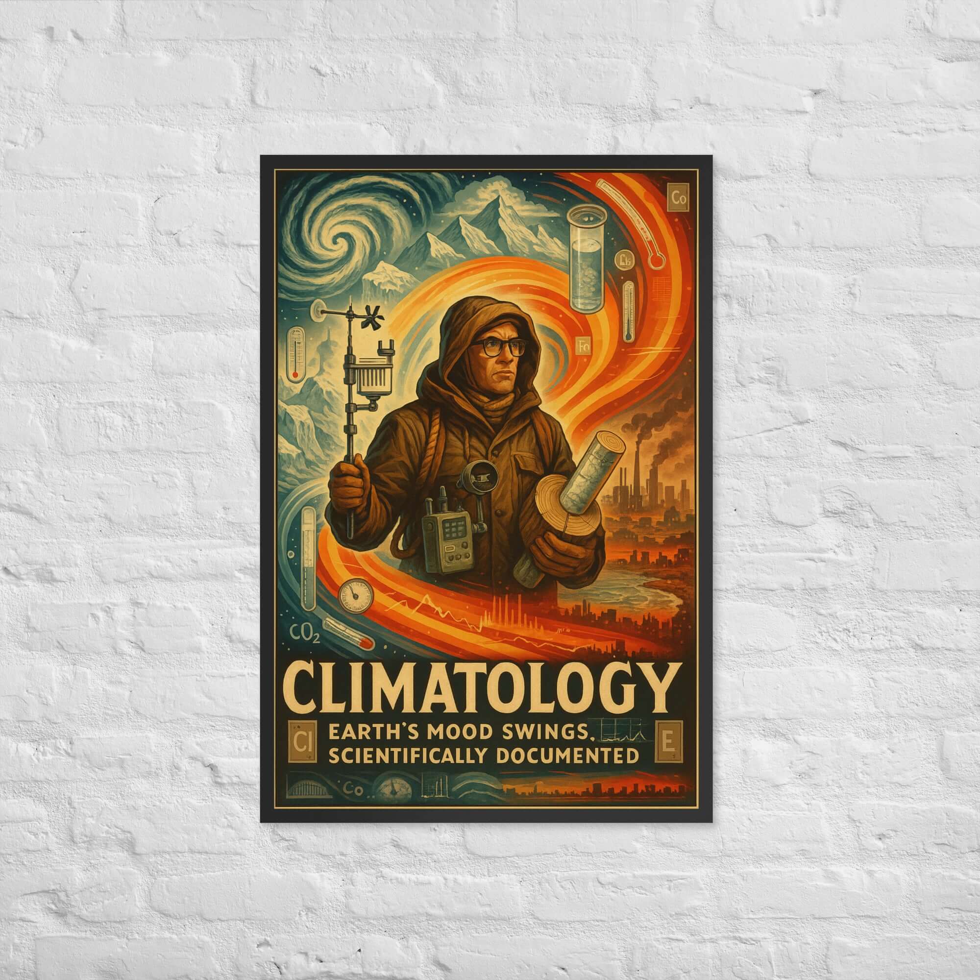 Climatology poster depicting Earth's climatic changes with a vintage-style scientist illustration on a white brick wall.
