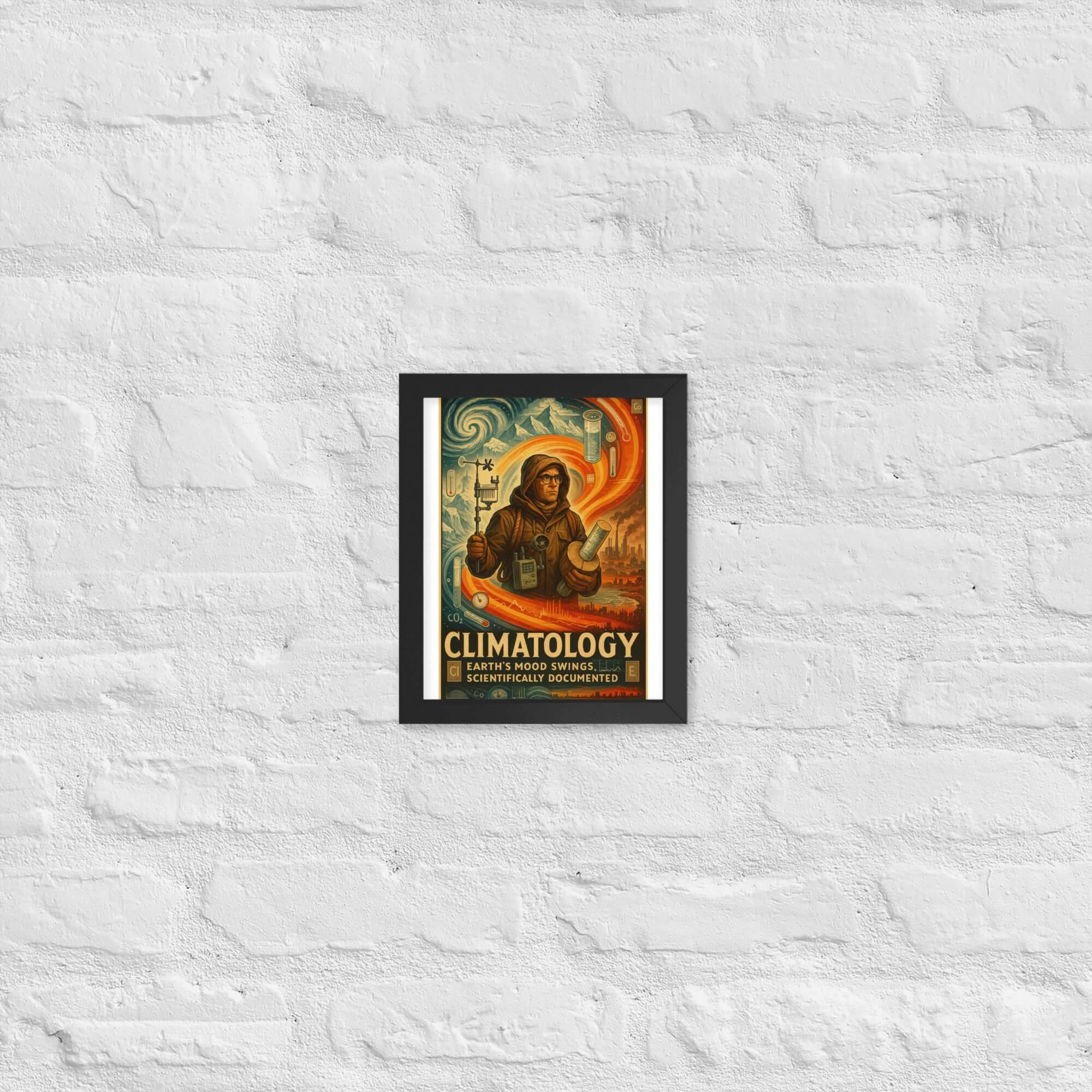 Vintage Climatology poster on Earth's mood swings, highlighting planetary climate research, with colorful scientific illustrations.