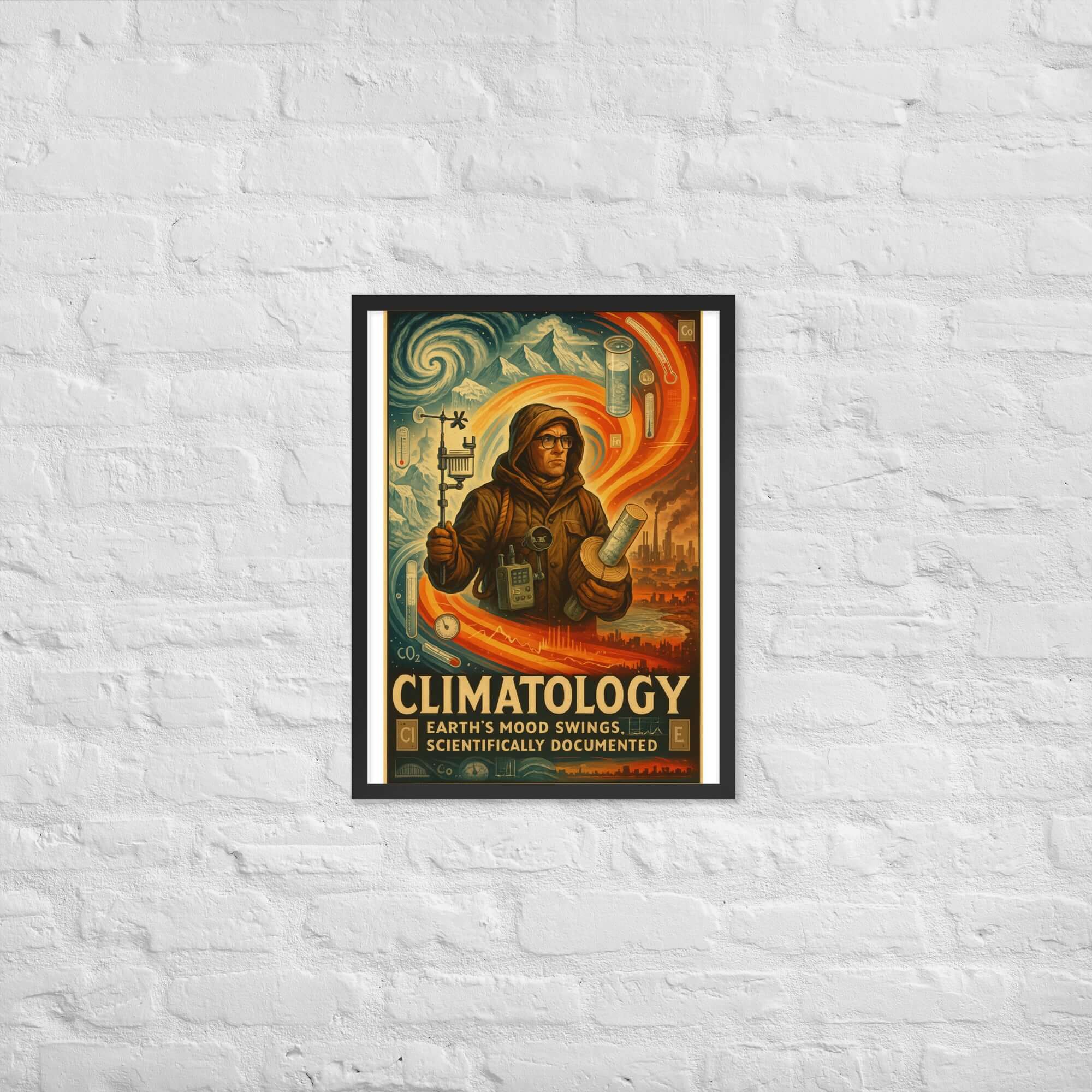 Vintage Climatology Poster depicting Earth's mood swings, portraying a scientist and colorful climate patterns on a white brick wall.