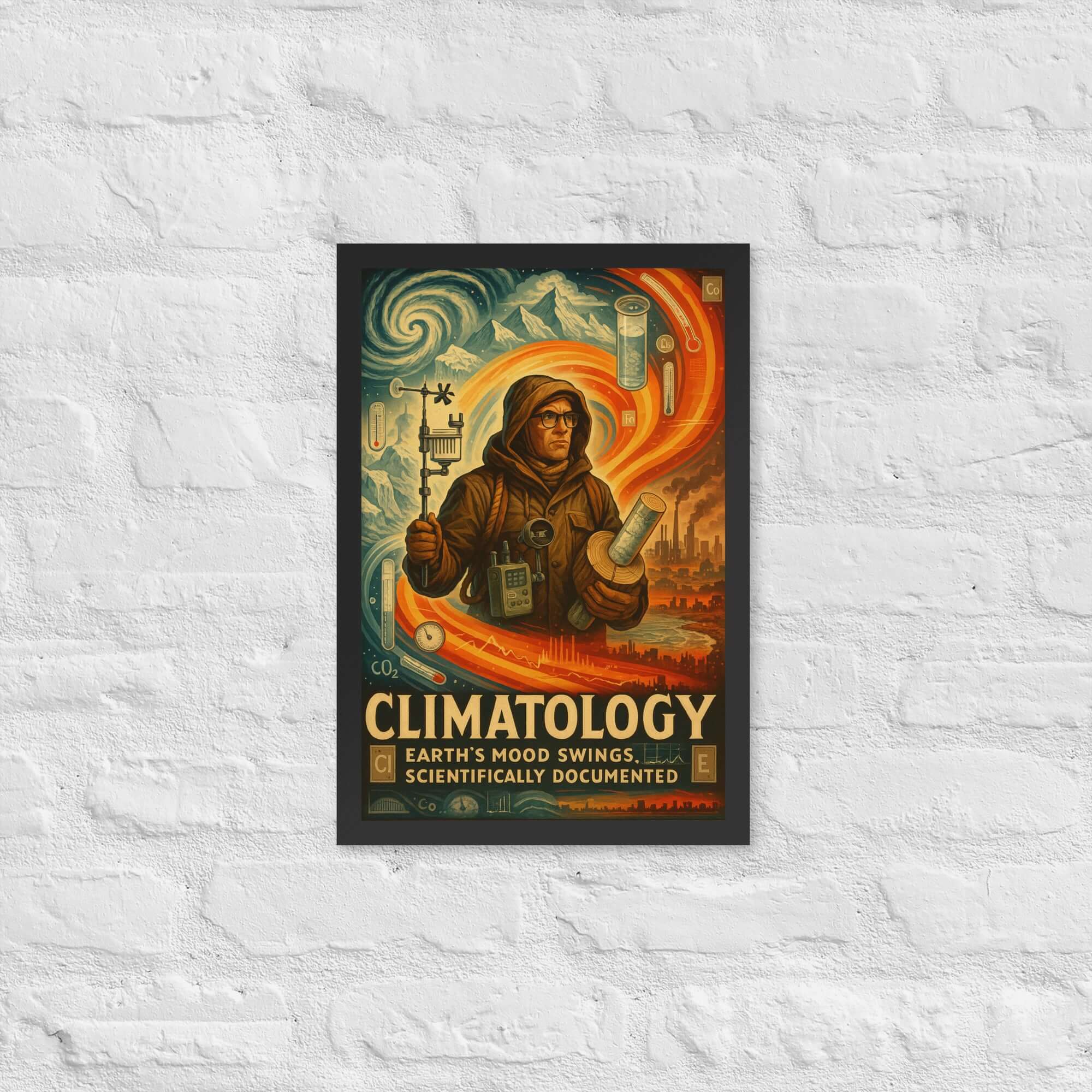 Vintage climatology poster depicting Earth's mood swings, scientifically documented with dramatic illustrations, wall decor art.