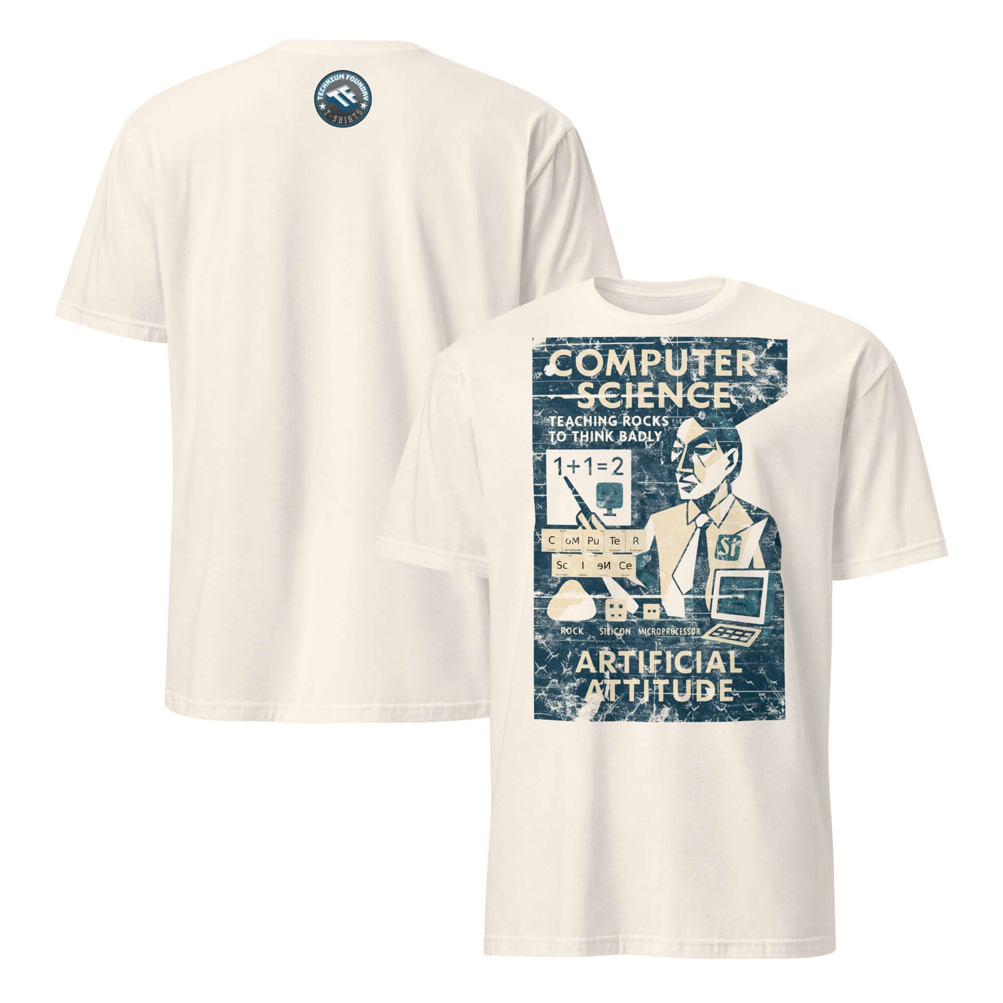 Vintage Computer Science T-Shirt with graphic 'Teaching Rocks to Think Badly', showcasing a retro classroom design.