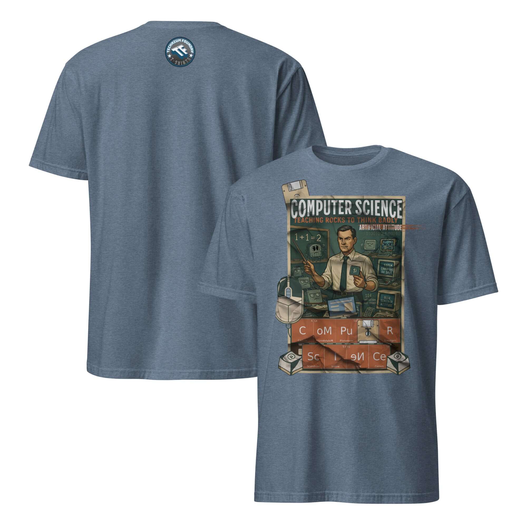 Vintage "Computer Science - Teaching Rocks To Think Badly" T-shirt showcasing educational retro design on blue fabric.