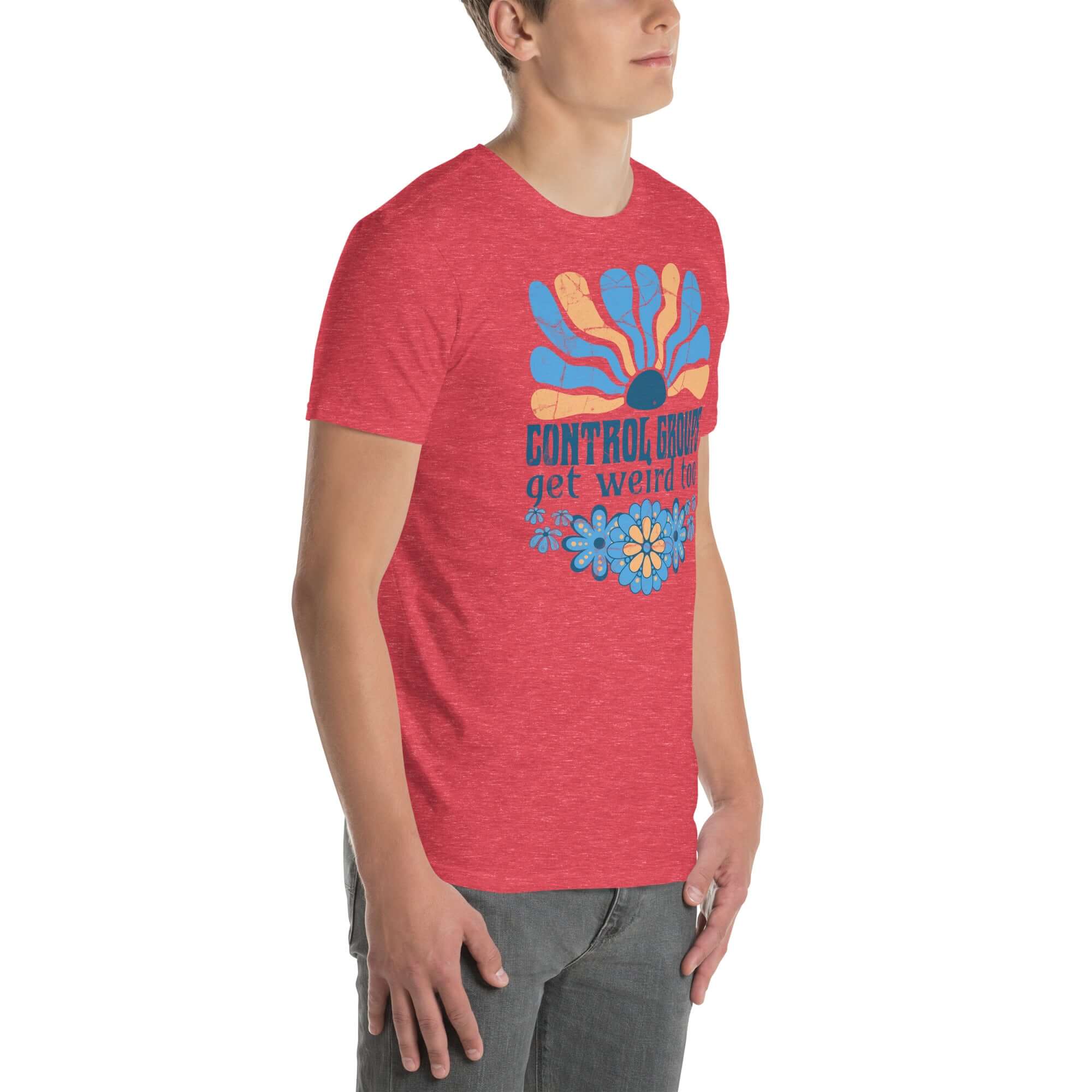 Alt Tag: Retro science humor t-shirt with 'Control Groups Get Weird Too' and a 70s-style sunburst design in blue and orange on a red fabric.