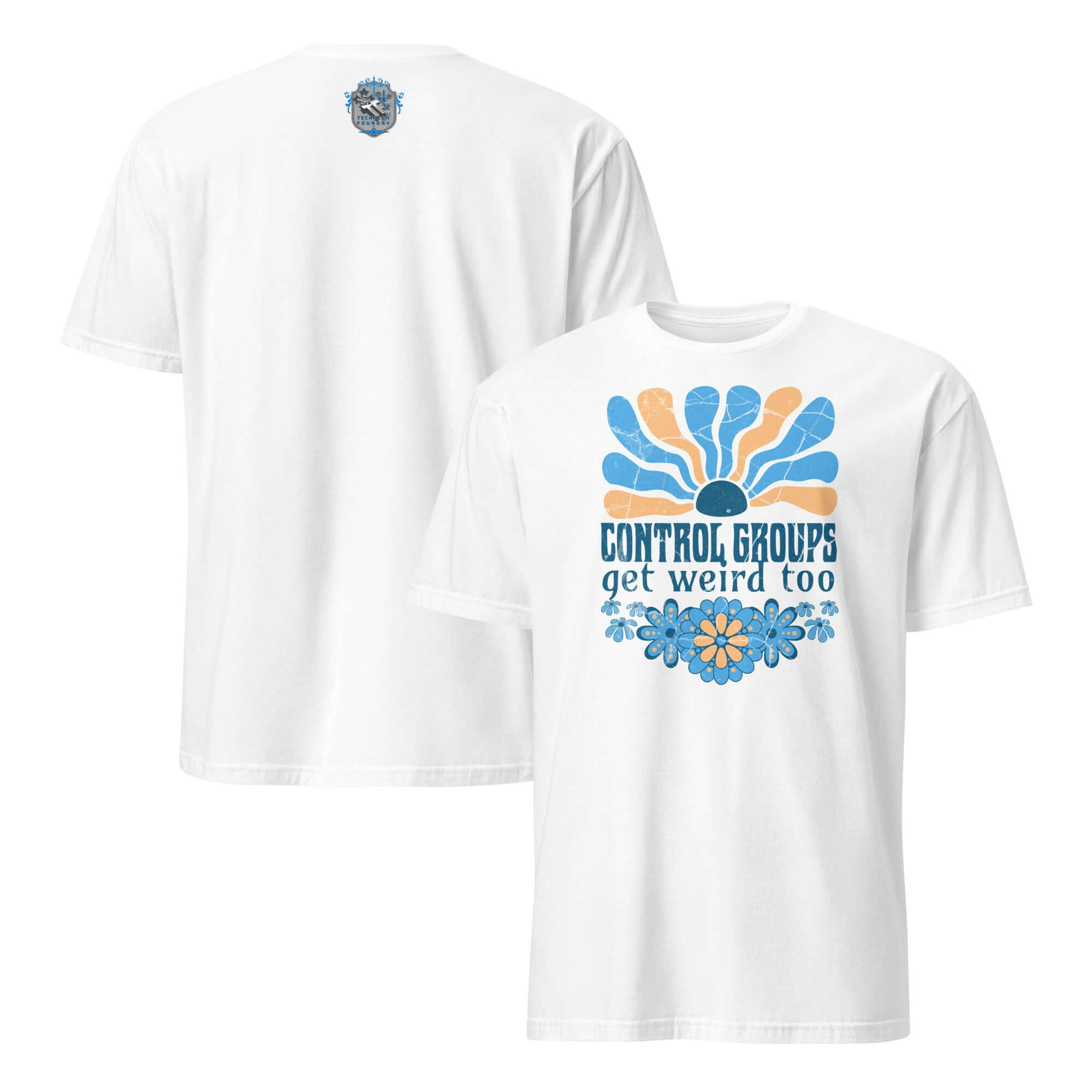 Retro science t-shirt with 'Control Groups Get Weird Too' blue-orange sunburst design, blending humor and research style.