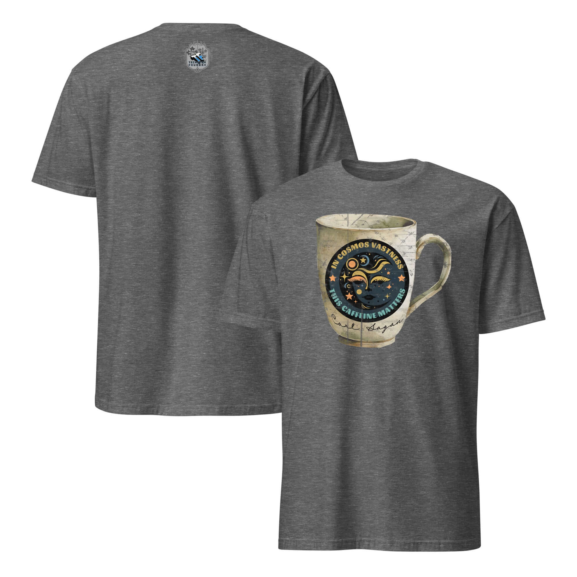 Carl Sagan Cosmic Coffee Mug T-Shirt featuring celestial design with stars, planets, lunar face, and cosmic caffeine humor.