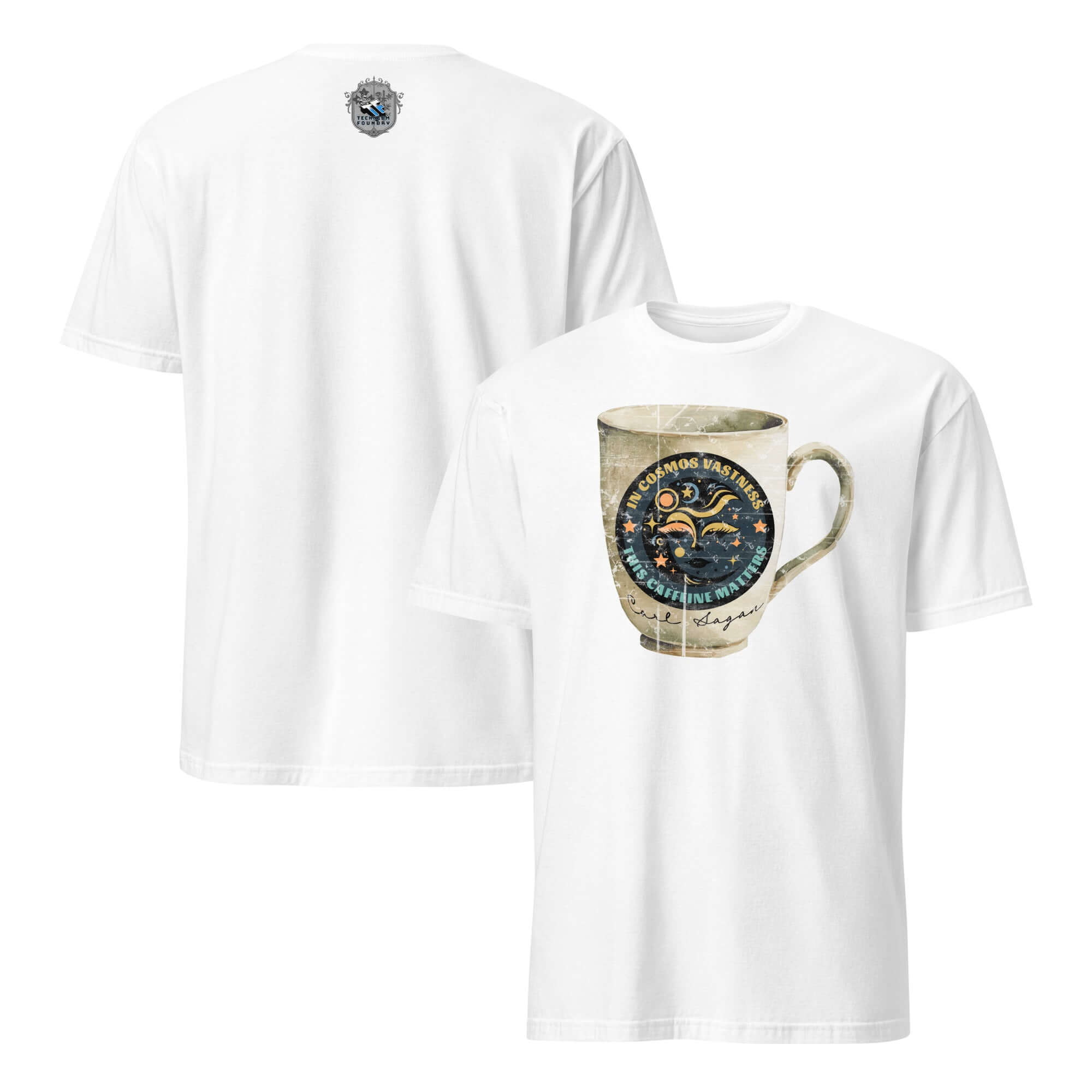 Carl Sagan Cosmic Coffee Mug T-Shirt with lunar face design and stars, perfect for astronomy and caffeine lovers.
