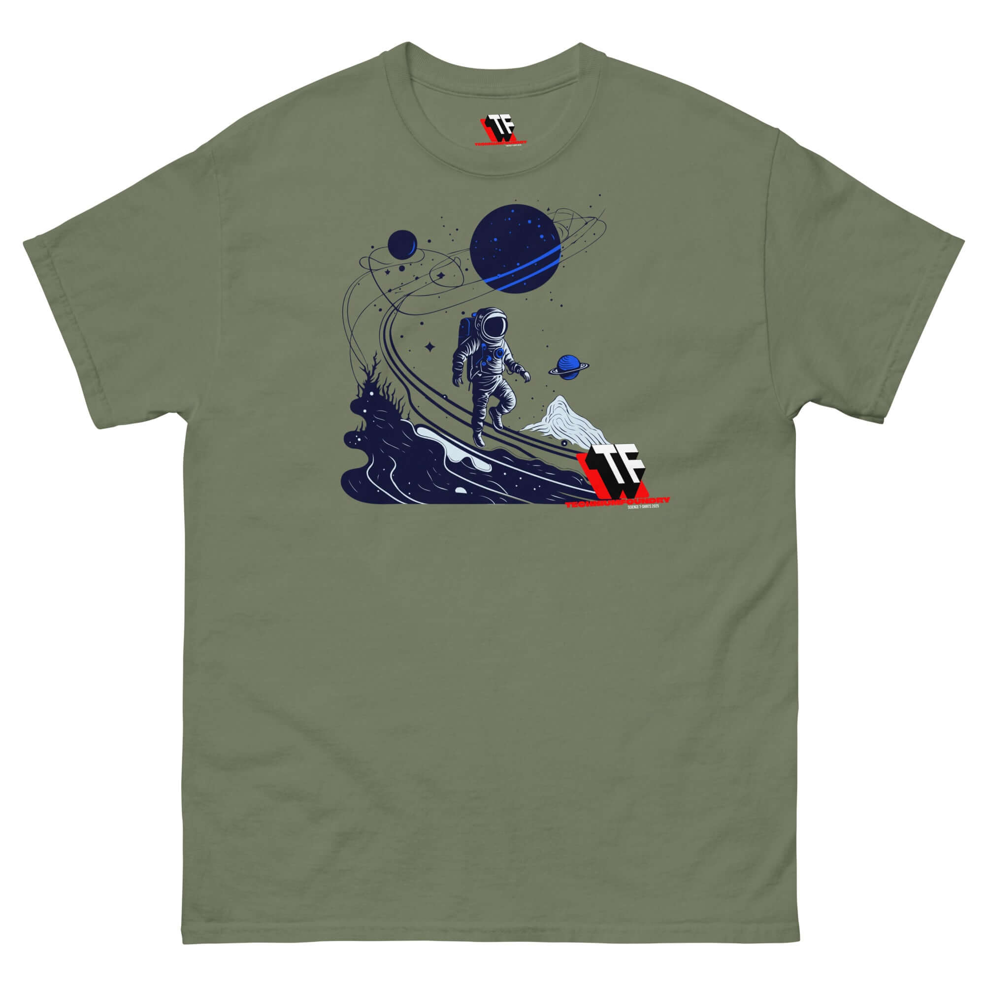Cosmic Wanderer T-Shirt featuring an astronaut journeying through space with stars and planets, by Technium Foundry. Limited edition.