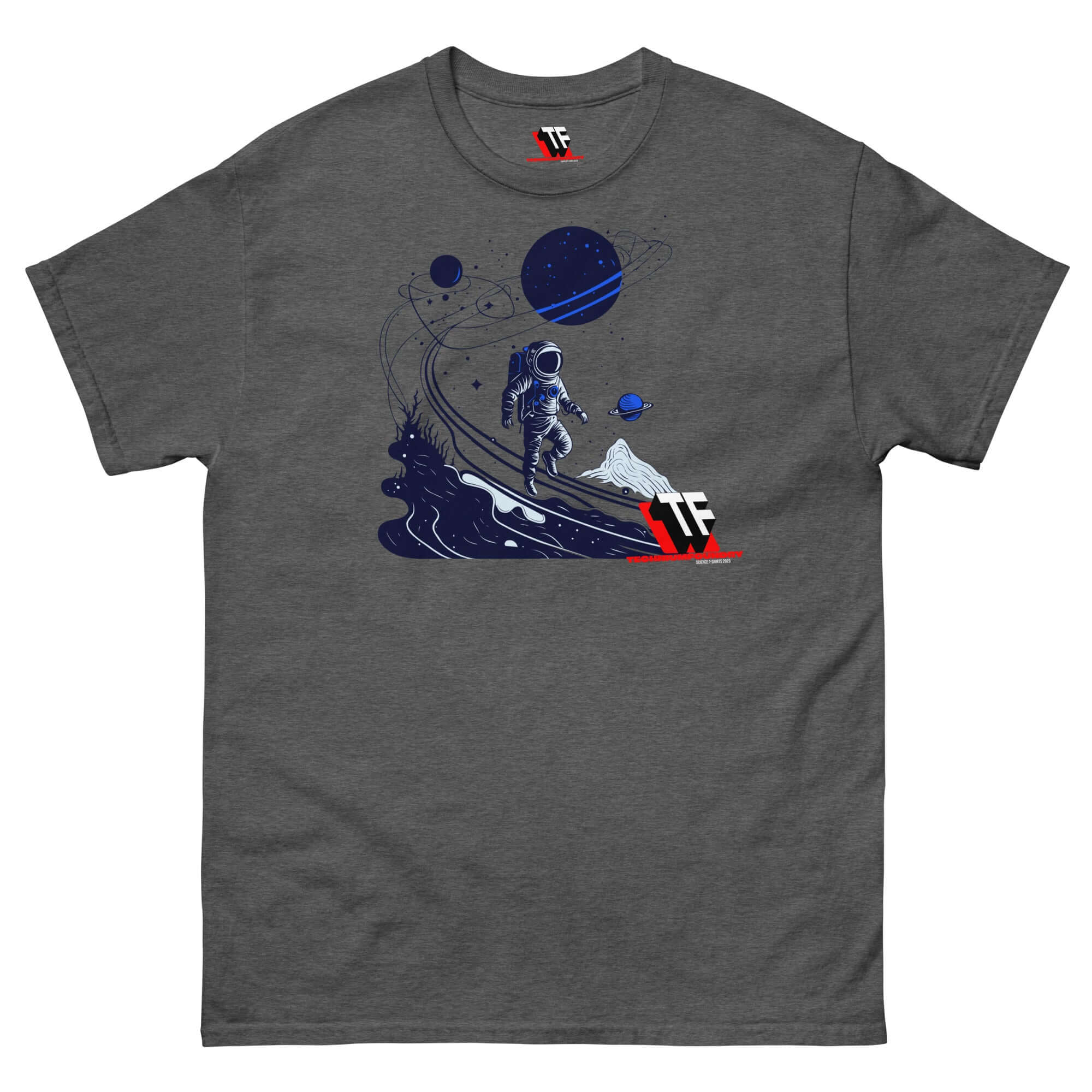 Cosmic Wanderer T-shirt with astronaut exploring starry universe by Technium Foundry, limited edition design on grey fabric.