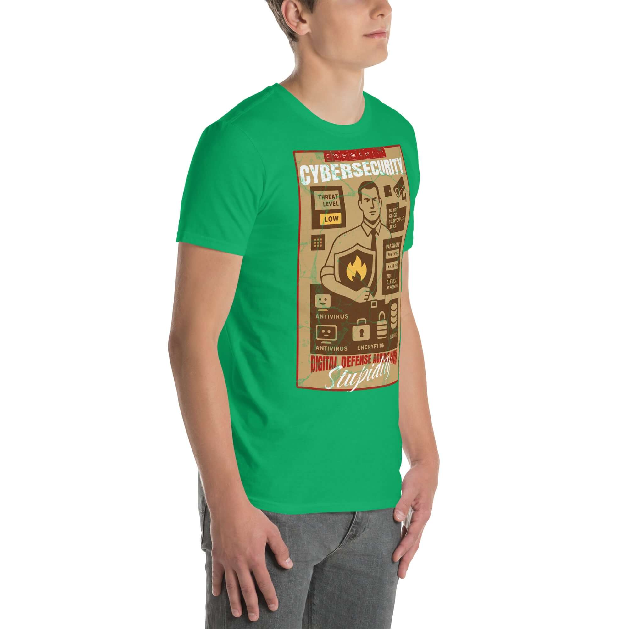 Green cybersecurity T-shirt featuring digital defense theme artwork against human error, celebrating vintage security concepts.