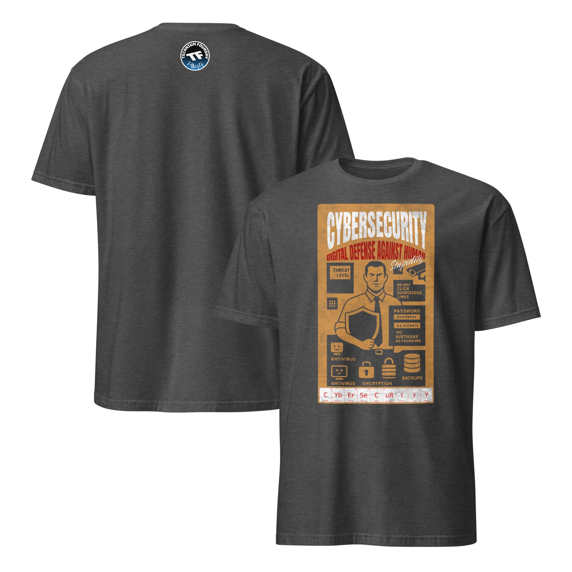 Cybersecurity T-Shirt with vintage design, highlighting digital defense against human errors. Retro poster graphic on dark fabric.