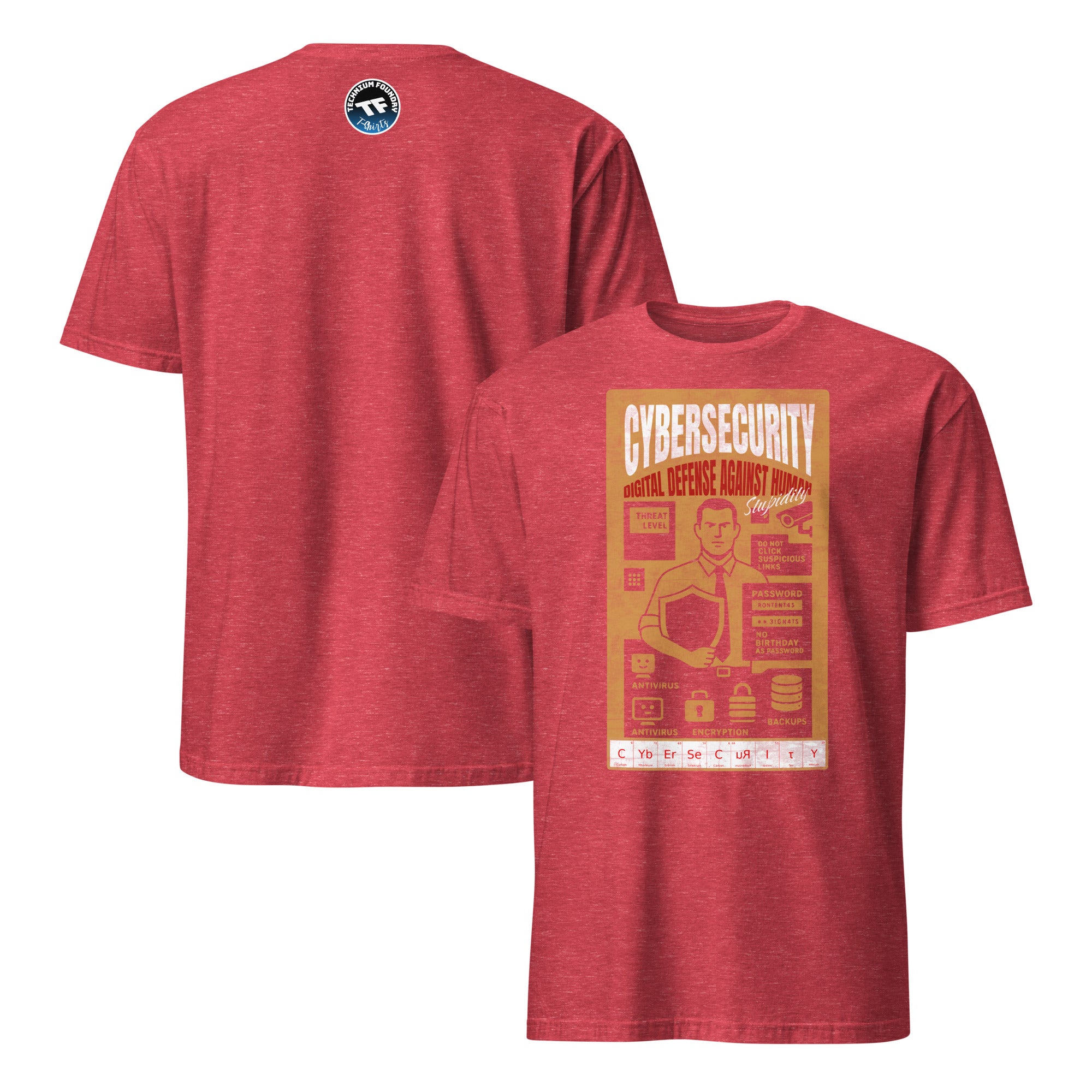 Red cybersecurity t-shirt with vintage design, showcasing digital defense against human error humorously. Perfect for tech enthusiasts.
