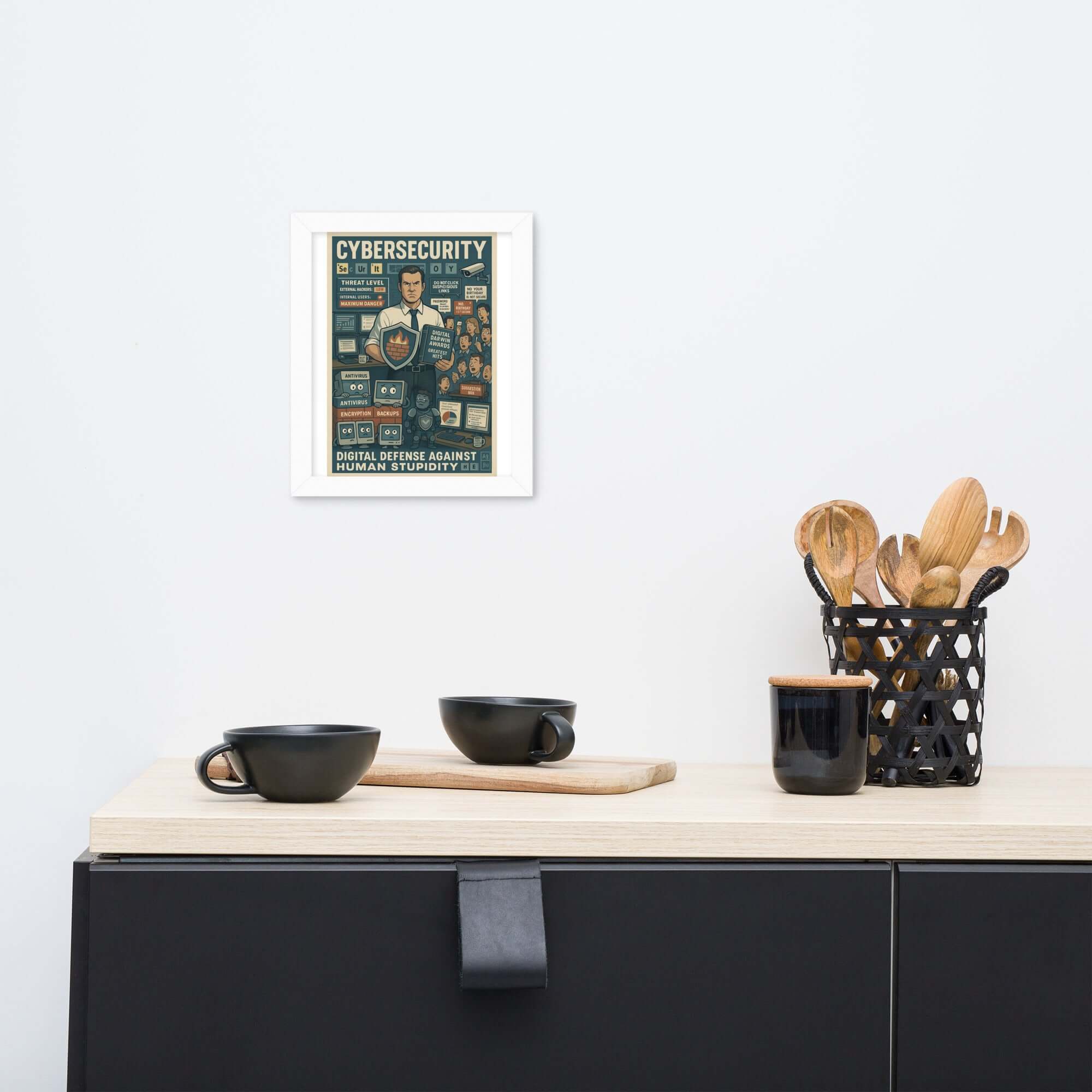 Cybersecurity wall poster with humorous slogan 'Digital Defense Against Human Stupidity' in modern kitchen setting.