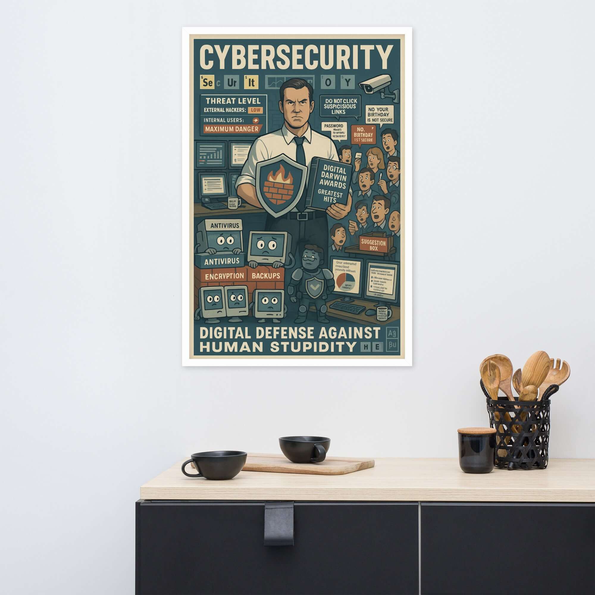 Vintage-style poster titled 'Cybersecurity: Digital Defense Against Human Stupidity', featuring humorous graphic elements on modern threats.