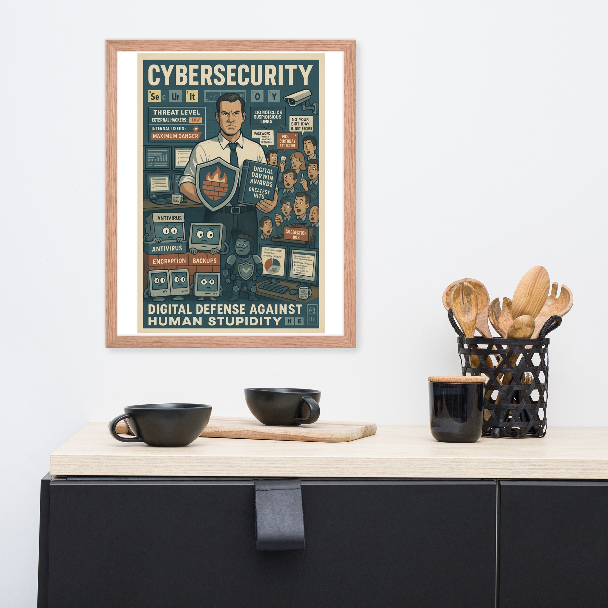 Cybersecurity wall poster titled 'Digital Defense Against Human Stupidity' in kitchen setting with black cups and utensils.