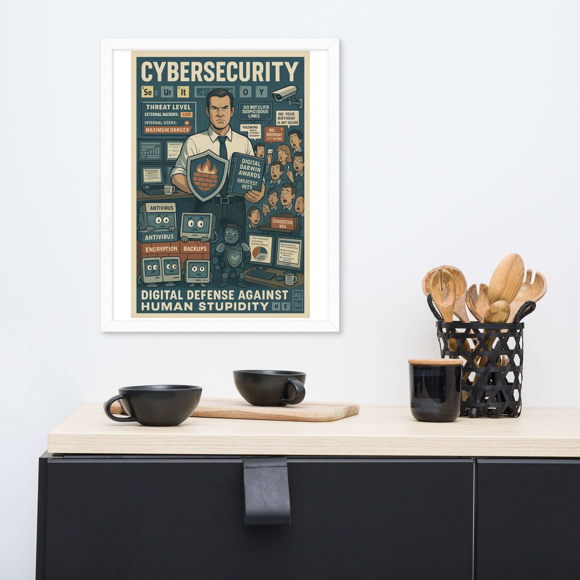 Cybersecurity wall poster on kitchen wall, featuring vintage propaganda style, titled 'Digital Defense Against Human Stupidity'.