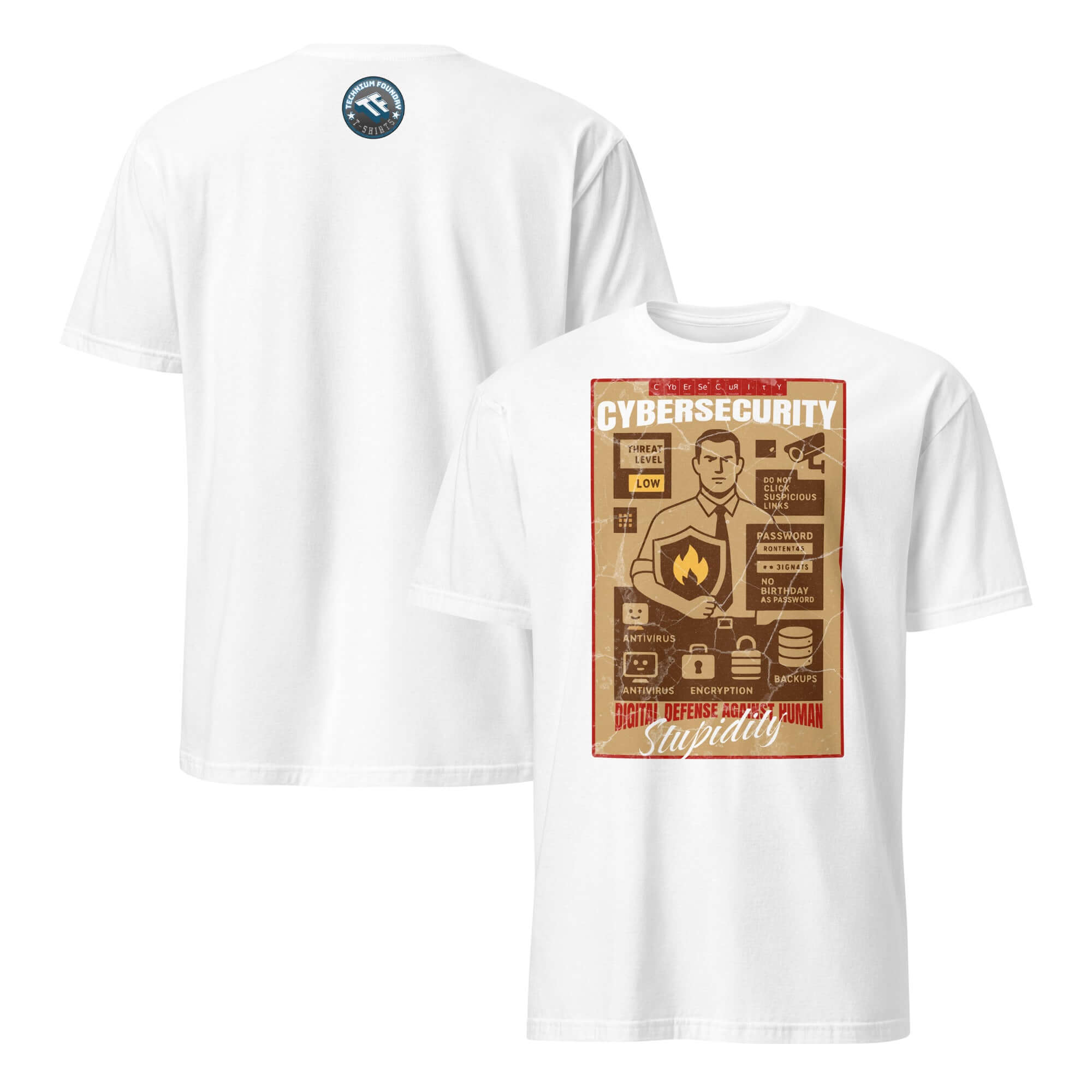 Cybersecurity T-Shirt featuring vintage-style design with text 'Digital Defense Against Human Stupidity' on white fabric.