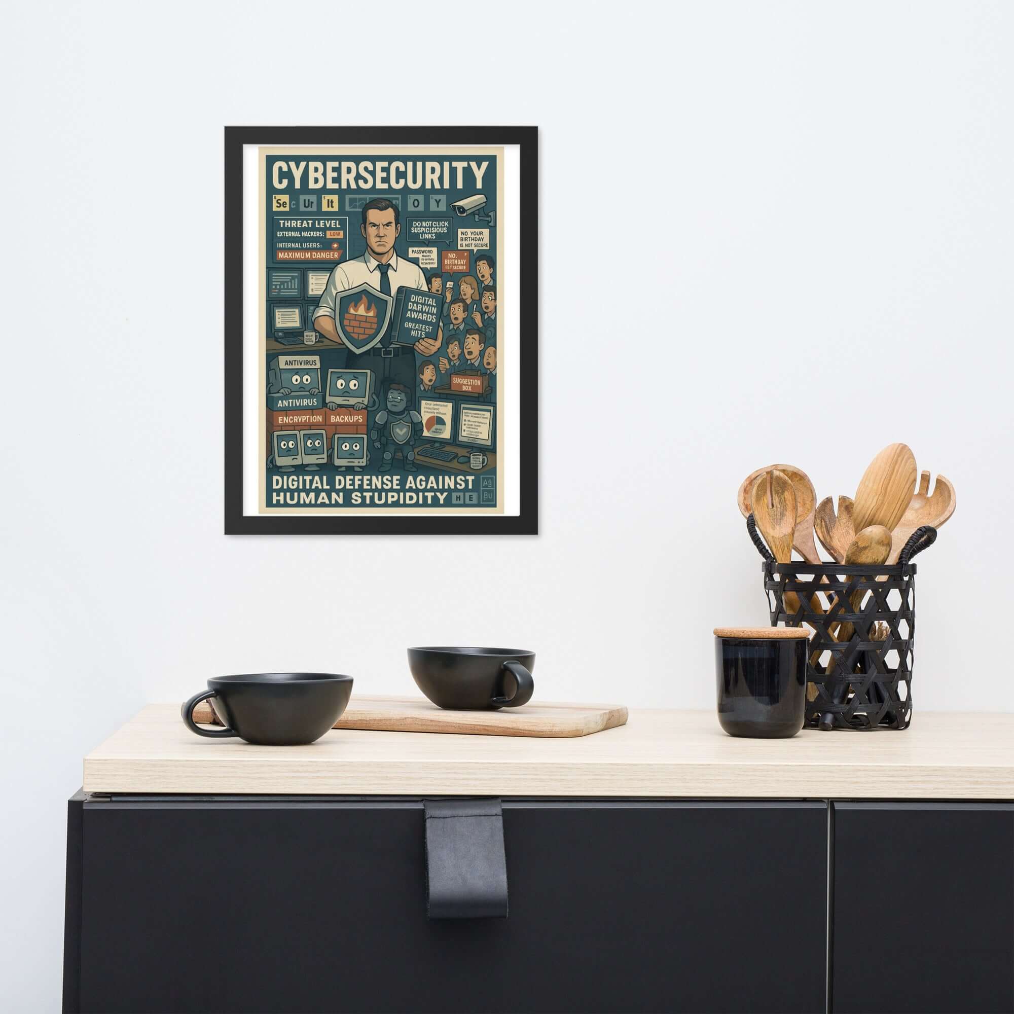 Cybersecurity wall poster on kitchen wall, digital defense theme, vintage-style propaganda art against human stupidity.