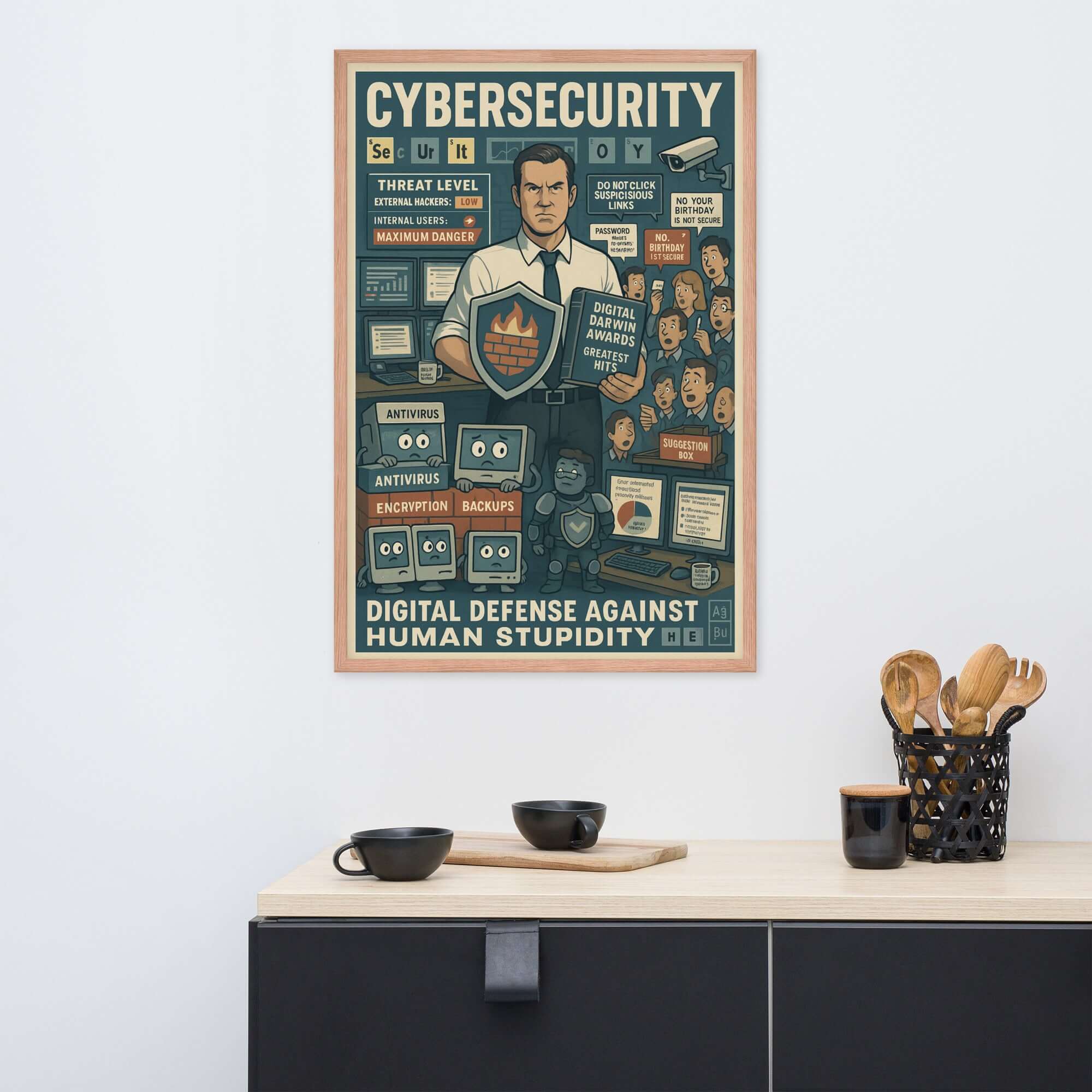 Cybersecurity wall poster with vintage propaganda style, titled 'Digital Defense Against Human Stupidity', on display above a cabinet.