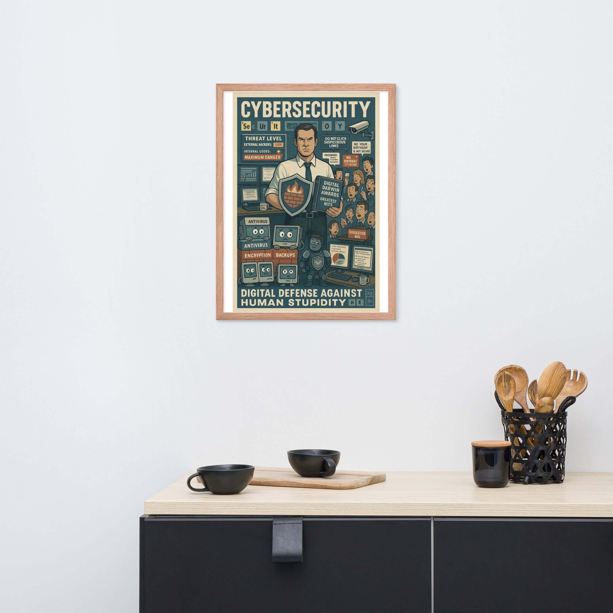 Cybersecurity wall poster titled "Digital Defense Against Human Stupidity" with vintage design, displayed above a modern cabinet.