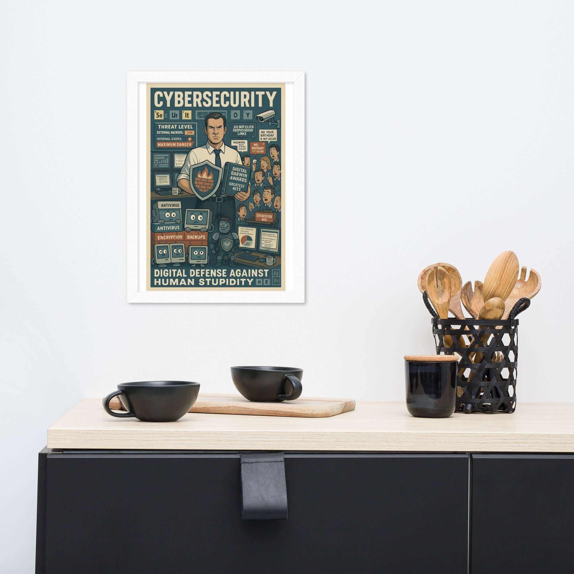 Cybersecurity wall poster on kitchen wall, emphasizes digital defense against human error, vintage style design, informational decor.
