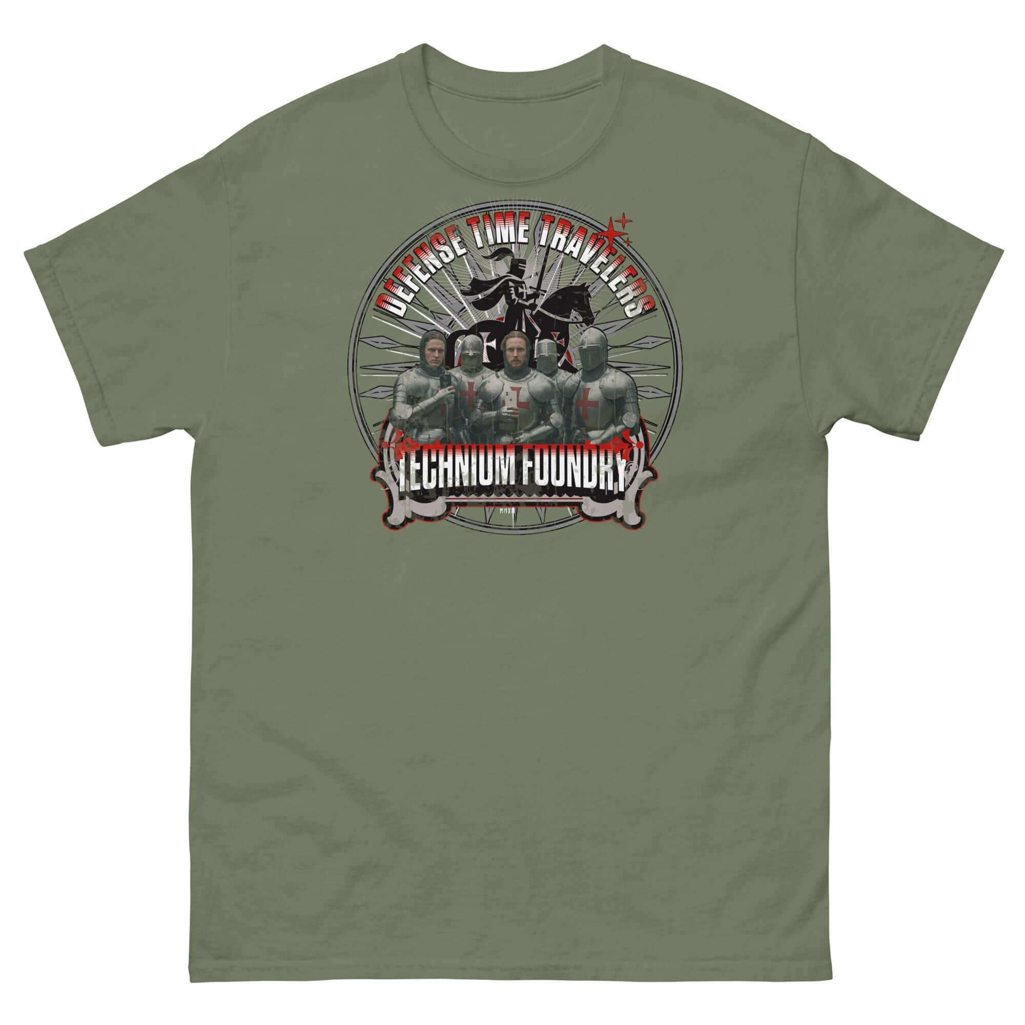 Olive green T-shirt featuring a design of time-traveling knights with text 'Defense Time Travelers, Technium Foundry.'