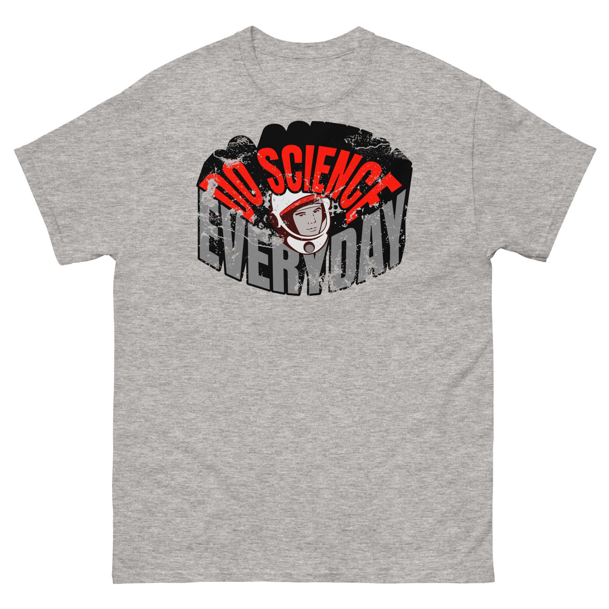 Grey cotton t-shirt with 'Do Science Every Day' and retro astronaut graphic, blending space fashion and lifestyle choice.
