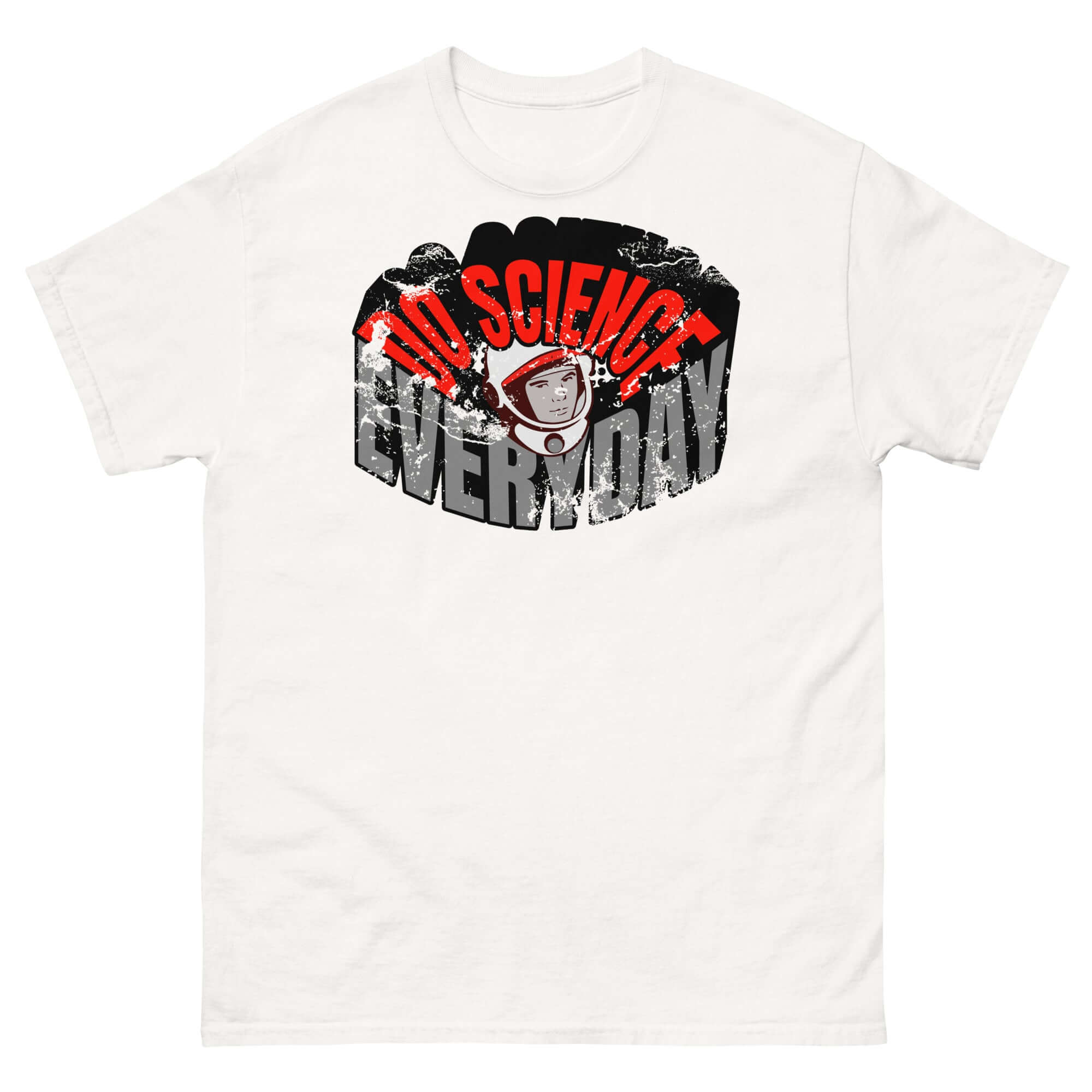 White t-shirt with 'Do Science Every Day' text and astronaut graphic, blending space theme with casual fashion.