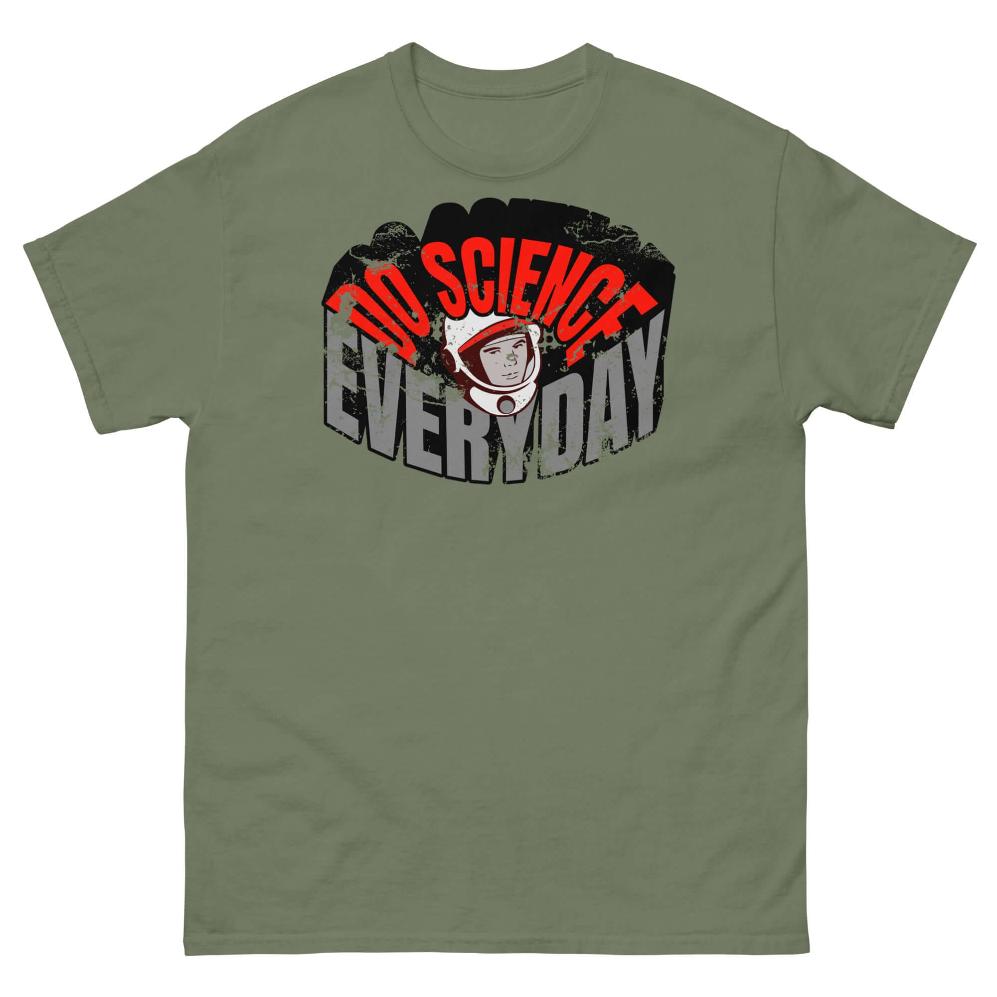 Do Science Every Day T-Shirt featuring retro astronaut design on green cotton fabric, blending space and fashion exploration.