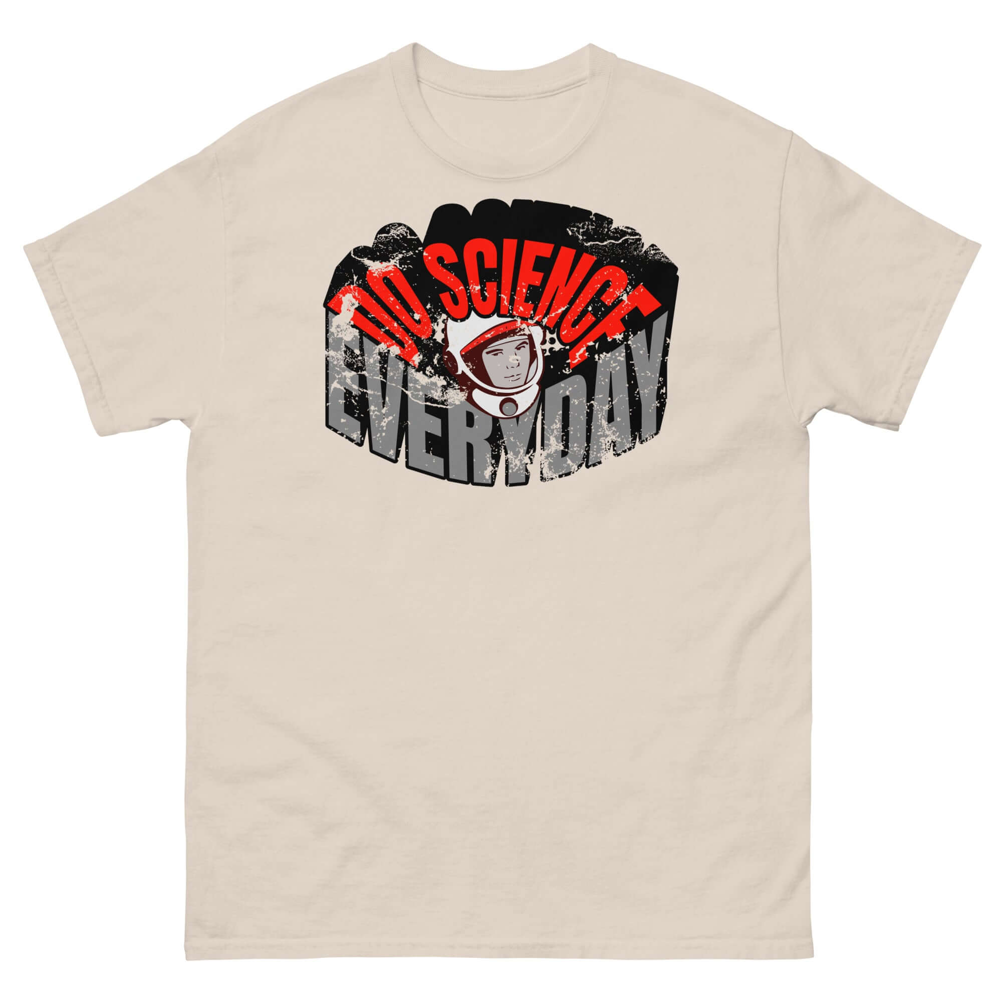 "Do Science Every Day" t-shirt featuring retro astronaut design, blending space fashion and lifestyle choice.