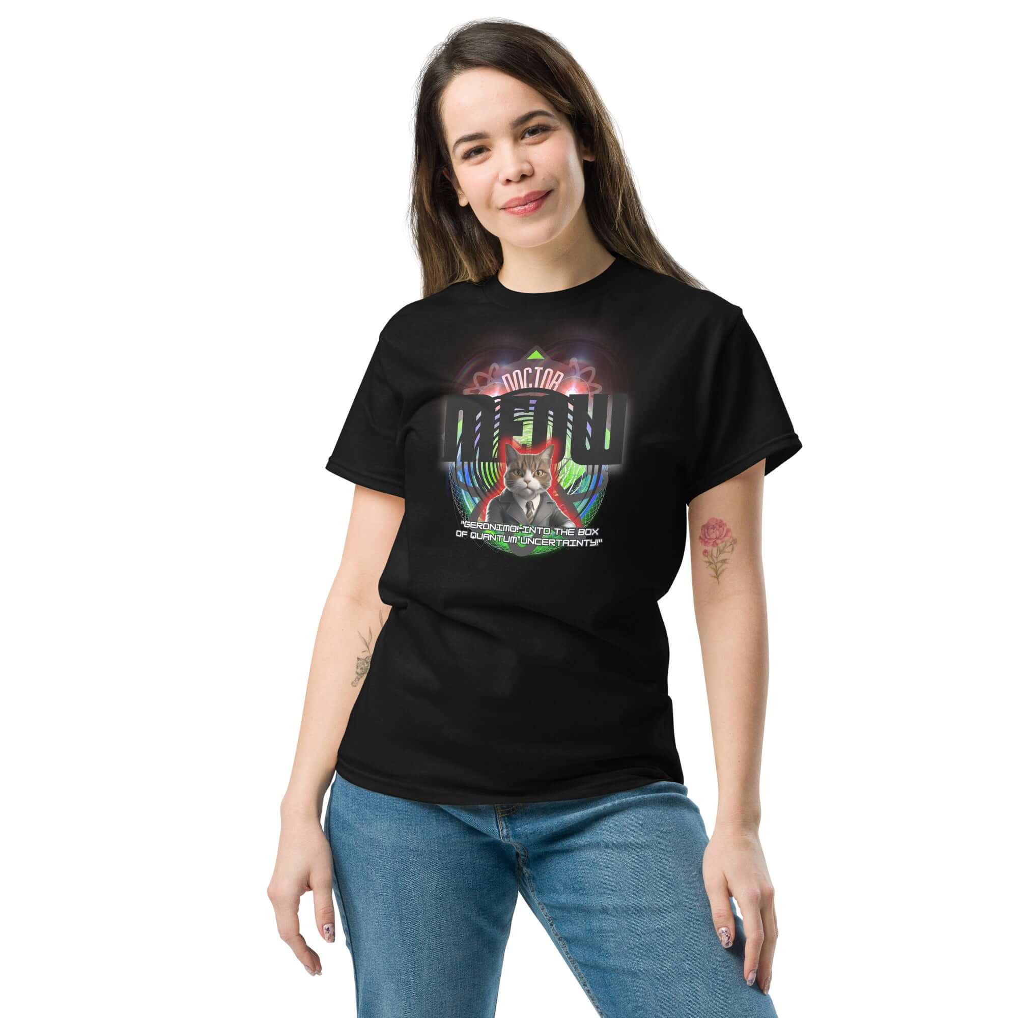 Woman wearing Doctor Meow T-shirt featuring a cosmic cat Time Lord design by Technium Foundry.