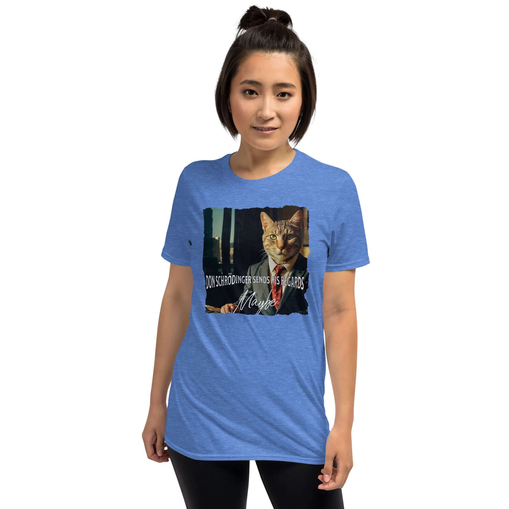Woman wearing Don Schrödinger Quantum Cat Crime Boss T-Shirt with humorous physics theme, blue shirt with cat print.