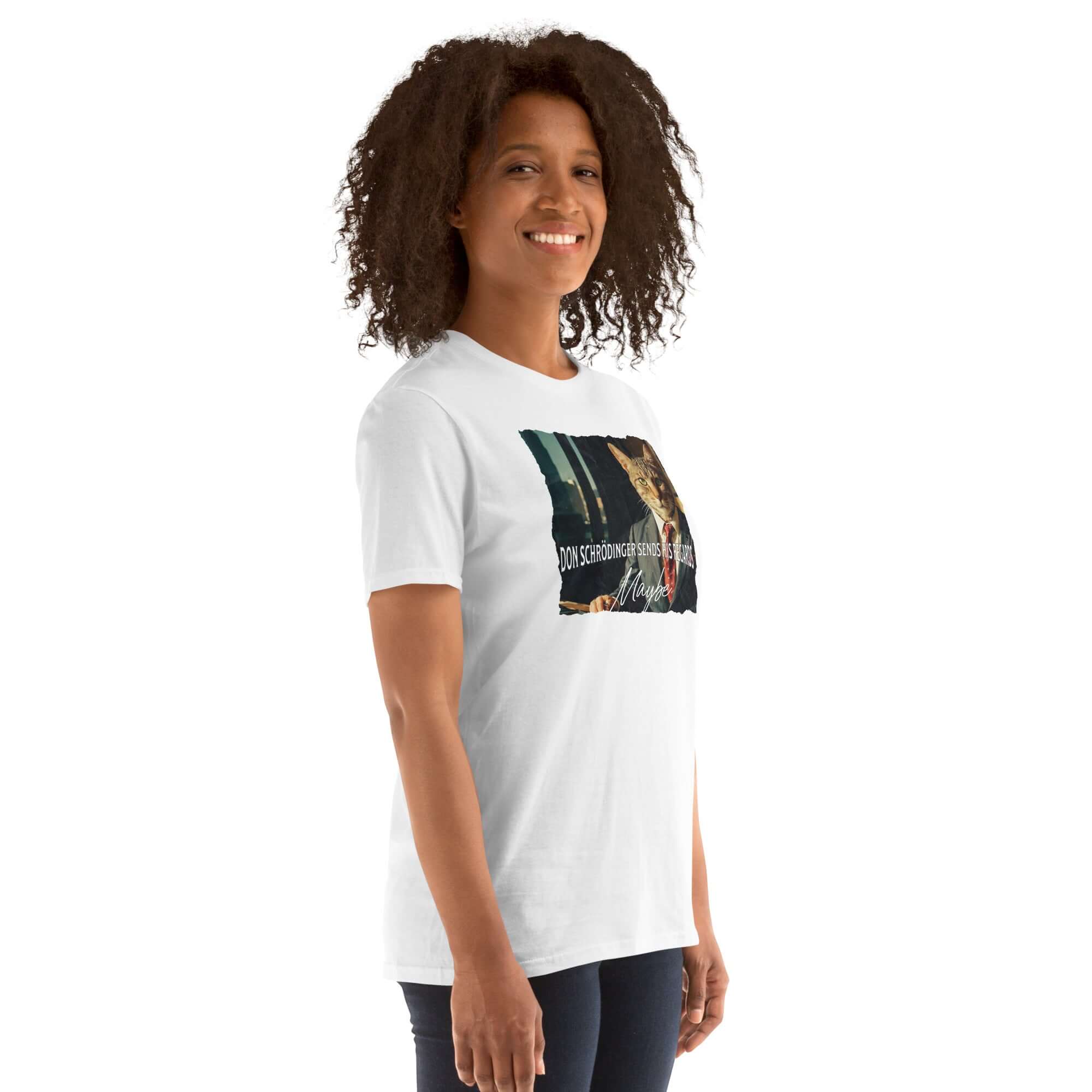 Woman wearing a Don Schrödinger Quantum Cat Crime Boss T-Shirt, featuring physics humor and a unique design on a white tee.