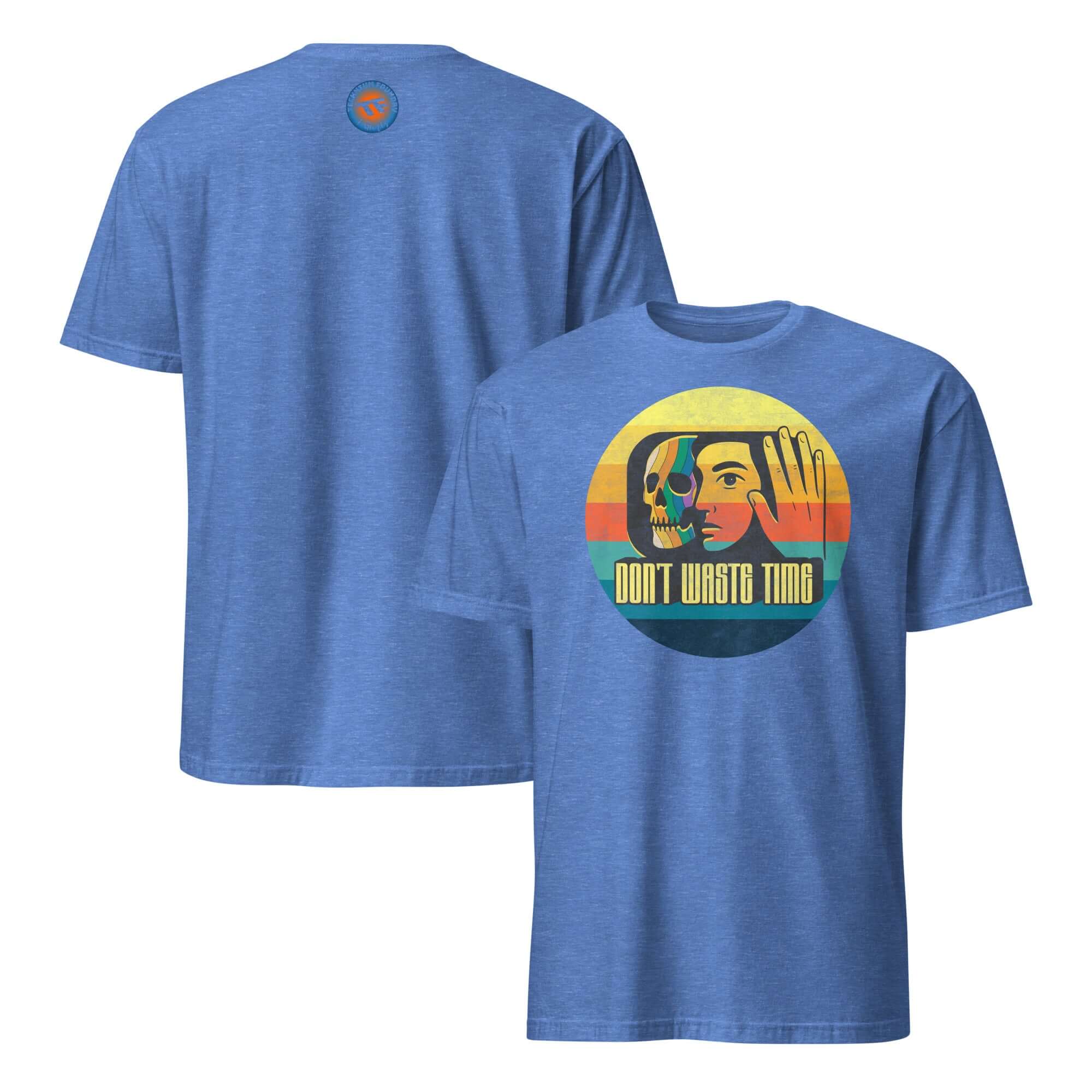 Retro 'Don't Waste Time' T-shirt featuring a skull face design, sunset colors, and memento mori theme promoting productivity.