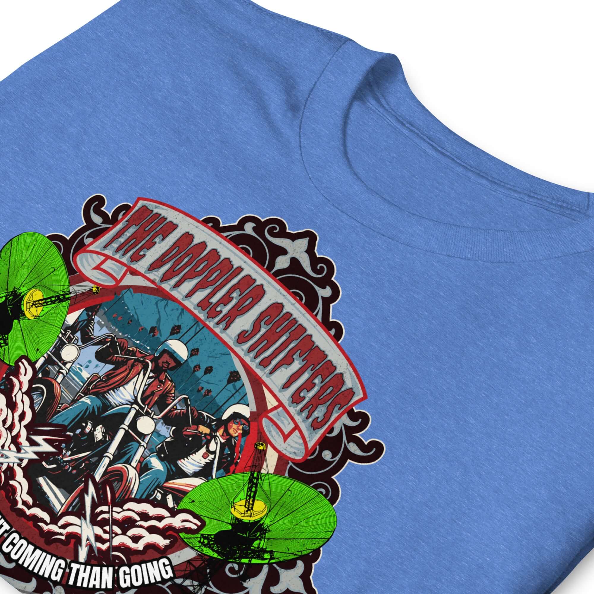 The Doppler Shifters Motorcycle Club t-shirt with physics-inspired biker graphic and vibrant cityscape emblem.