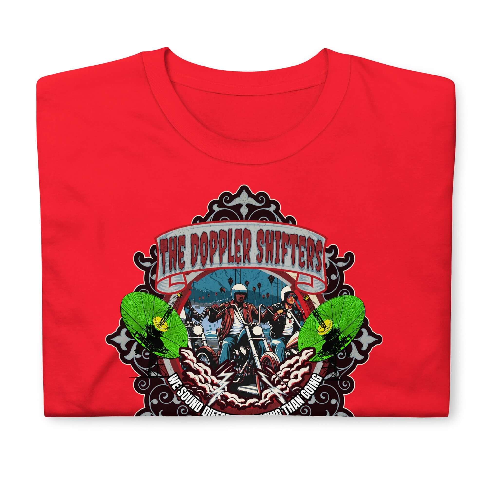 Red "The Doppler Shifters Motorcycle Club" t-shirt with physics-inspired biker emblem and electric green accents.
