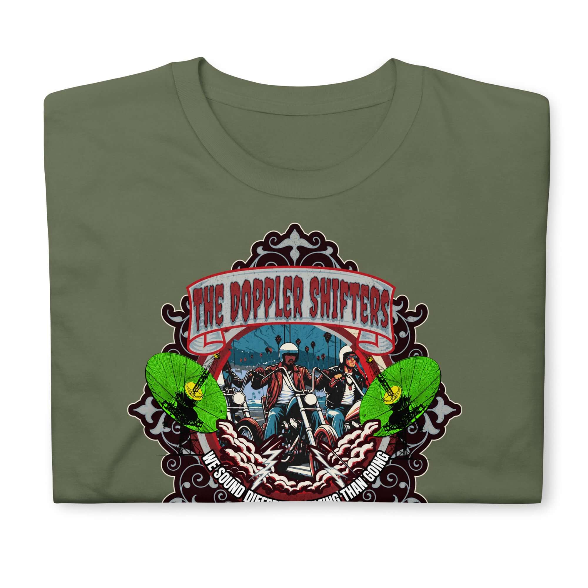 The Doppler Shifters Motorcycle Club T-Shirt with vibrant emblem, featuring two riders and electric green accents.