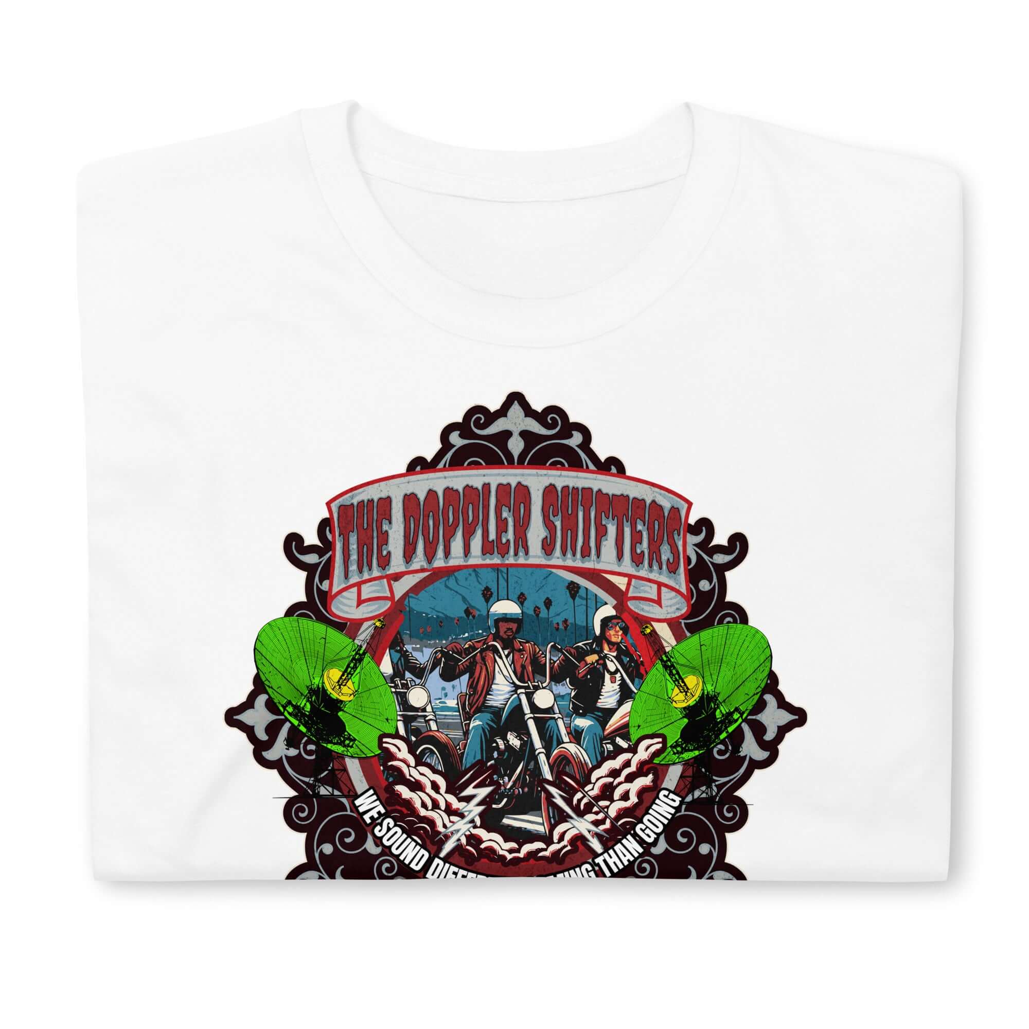 The Doppler Shifters Motorcycle Club T-shirt with colorful biker emblem, cityscape, and green accents, perfect physics-inspired gear.