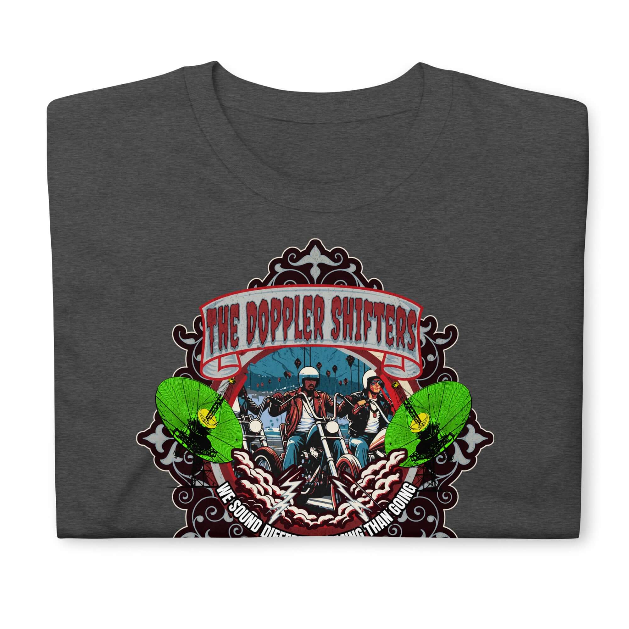 The Doppler Shifters Motorcycle Club T-Shirt with vibrant biker emblem and physics theme