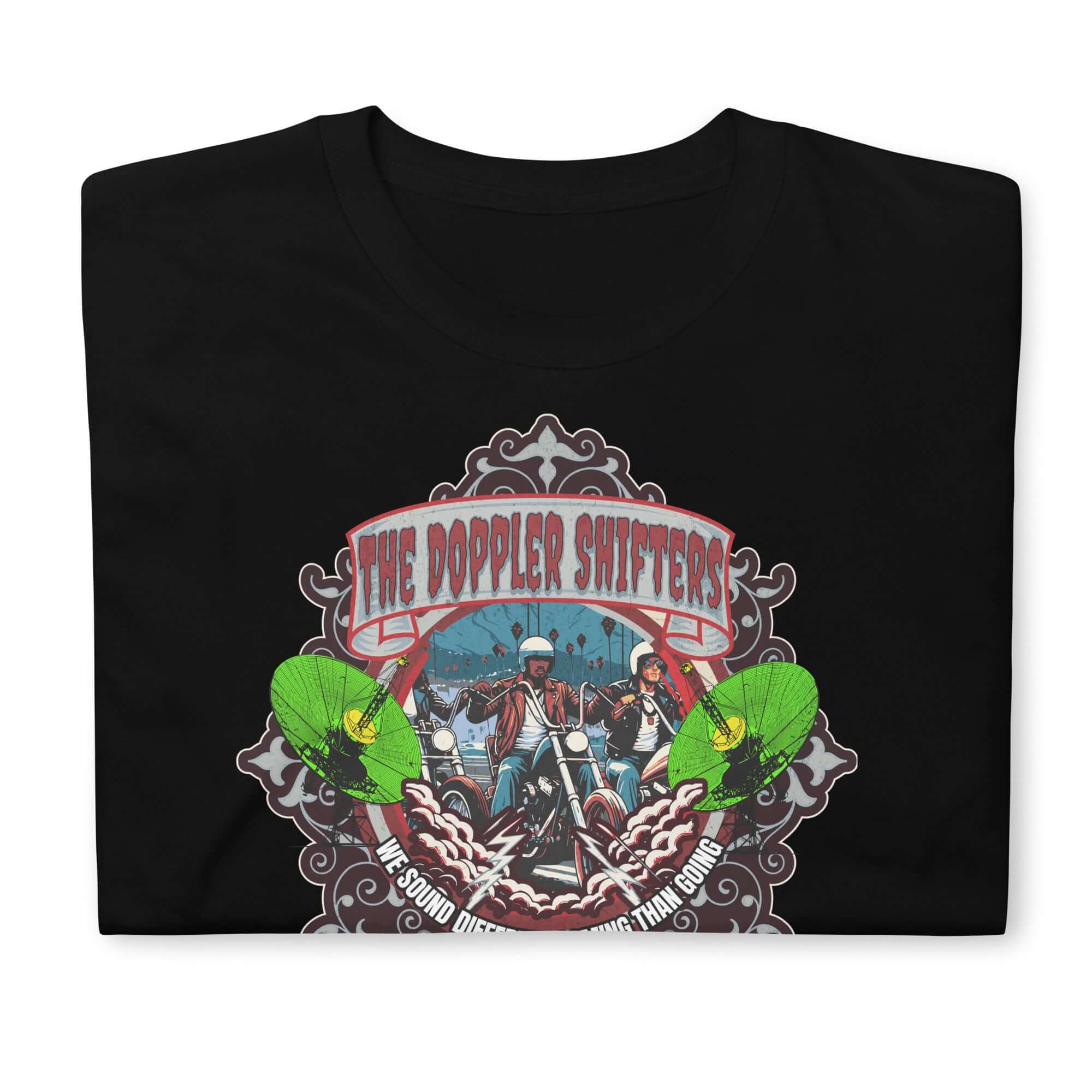 Premium t-shirt featuring The Doppler Shifters emblem with bikers, cityscape, and green accents, ideal for physics enthusiasts.
